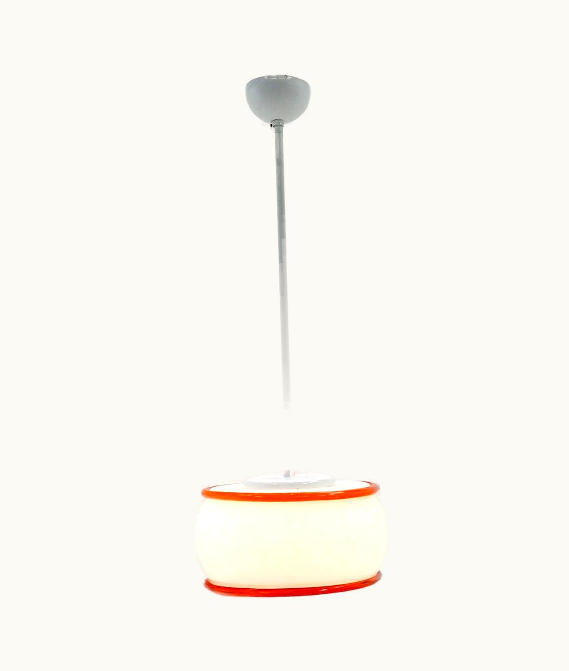 Ettore Sottsass Ettore Sottsass Ettore Sottass Pendant Lamp, VIstosi, Italy, 1974. White Red-Orange Glass. Signed