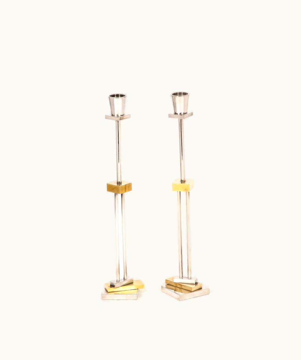Ettore Sottsass Ettore Sottsass Pair Of Silver Plate & Brass Candlesticks By Ettore Sottsass For Swid Powell UZ0190610