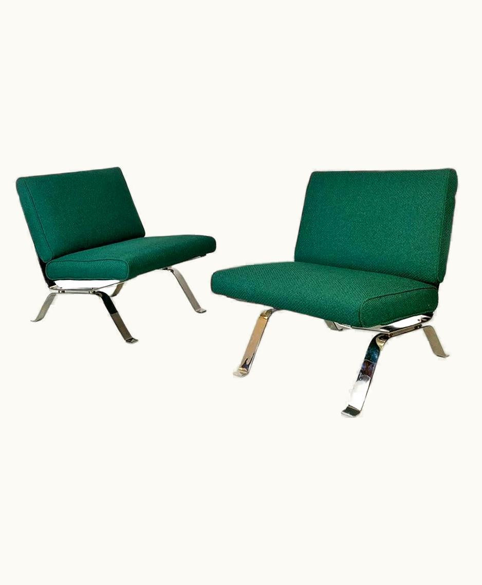 Gastone Rinaldi Gastone Rinaldi Italian Modern Steel And Green Cotton Armchairs, Gastone Rinaldi For RIMA, 1970s