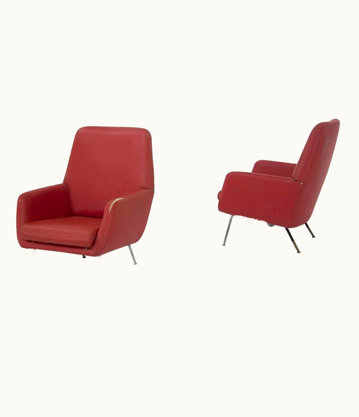Gastone Rinaldi Gastone Rinaldi Vintage Red Leather Armchairs With Brass Feet