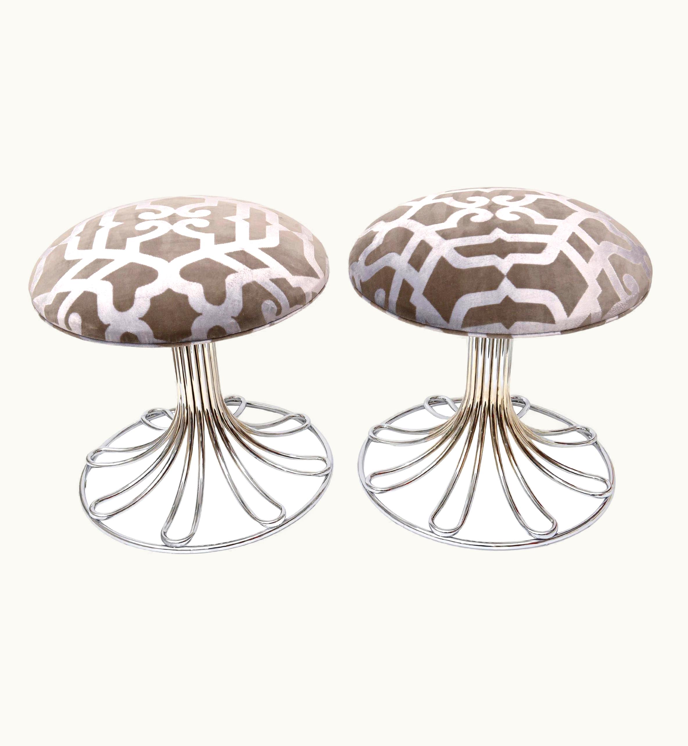 Gastone Rinaldi Gastone Rinaldi Italian Nickel Silver And Grey Velvet Upholstered Stools Pair