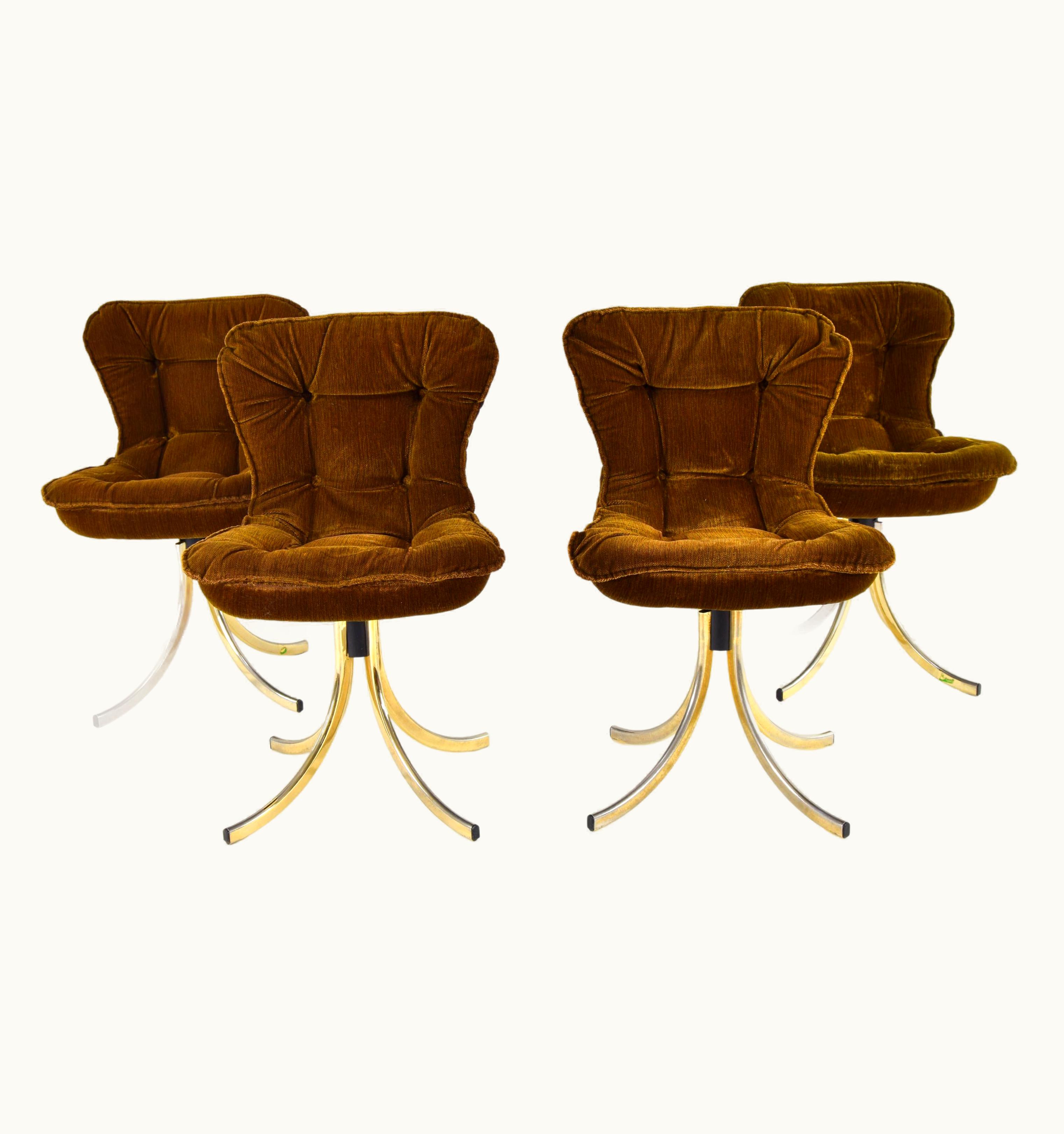 Gastone Rinaldi Gastone Rinaldi Four Gastone Rinaldi For RIMA Velvet And Brass Swivel Dining Chairs, Italy 1970