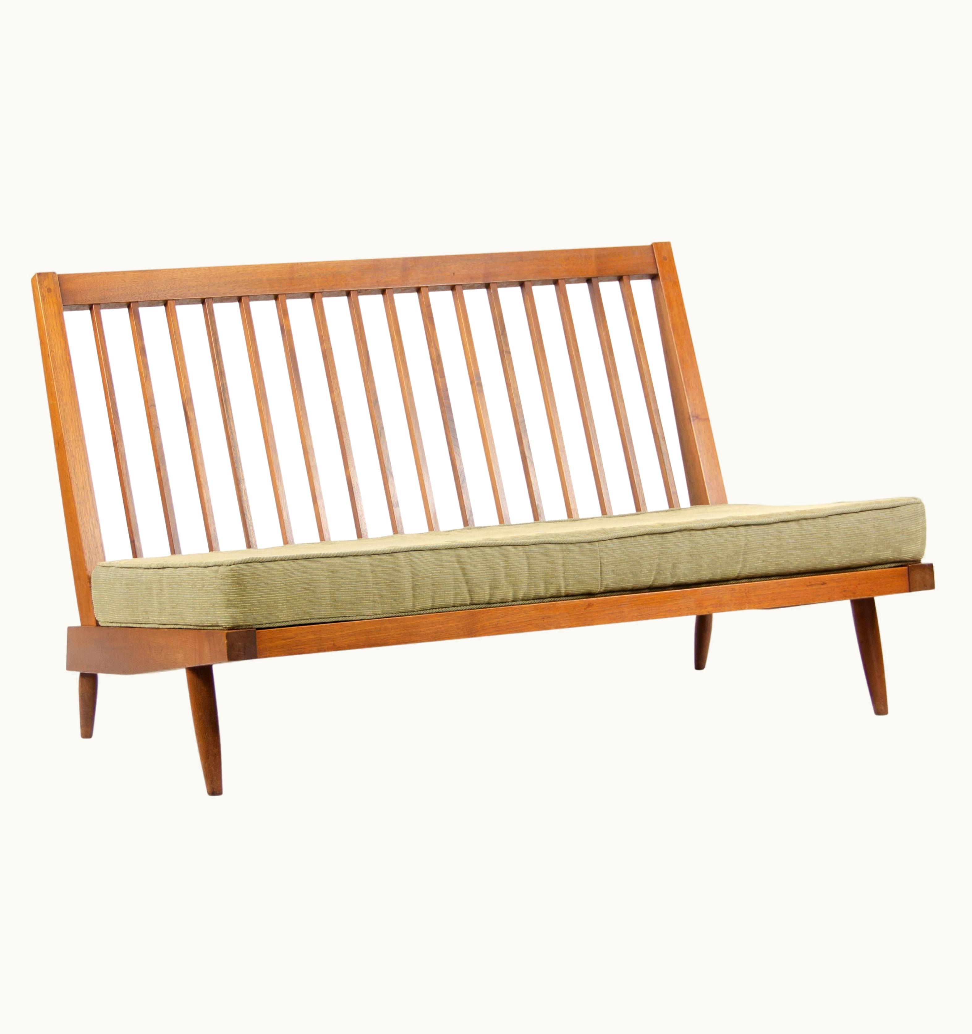 George Nakashima George Nakashima 1960s George Nakashima Studio American Walnut Settee / Loveseat In Green Fabric
