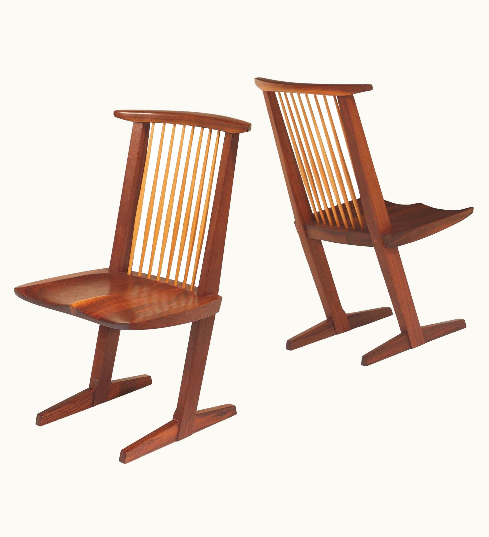George Nakashima George Nakashima, Rare Sculptural Pair Of Conoid Chairs In Walnut, Signed, 1989