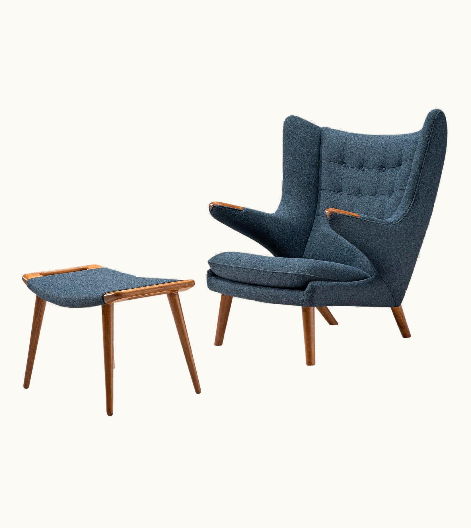 Hans J. Wegner Hans J. Wegner Papa Bear Chair With Ottoman In Ocean Blue Upholstery