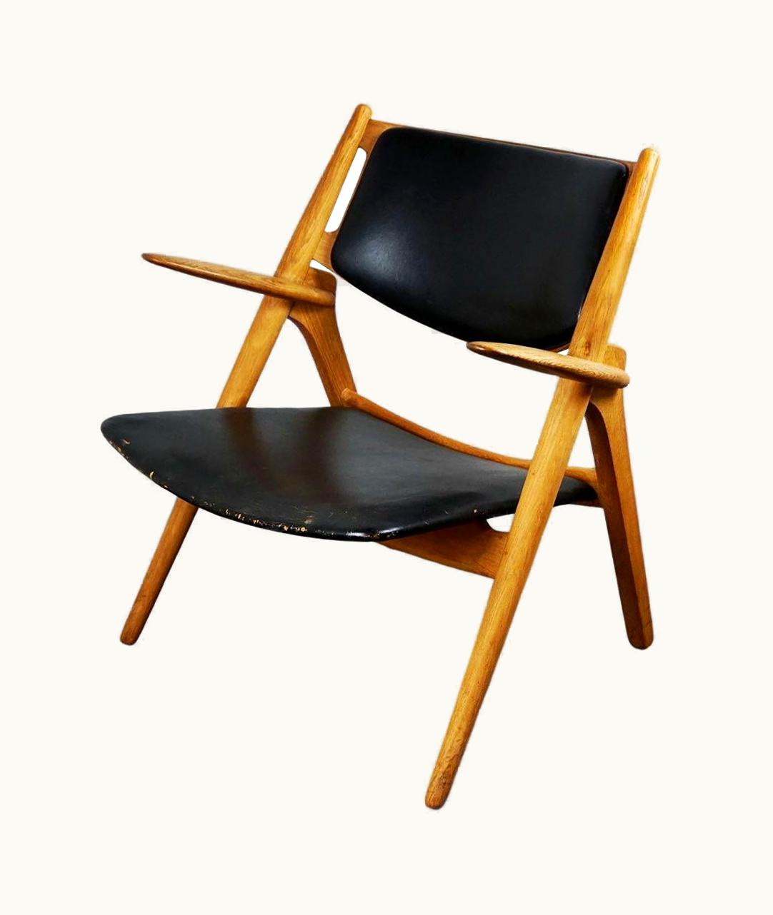 Hans J. Wegner Hans J. Wegner Scandinavian Oak And Black Leather CH28 Chair By Hans Wegner For Carl Hansen