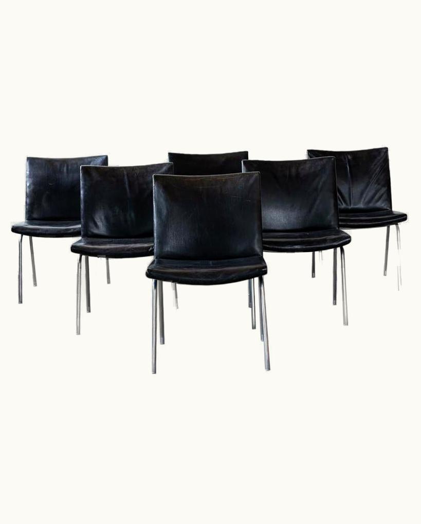 Hans J. Wegner Hans J. Wegner Black Leather And Chrome Airport Chairs, Set Of 6