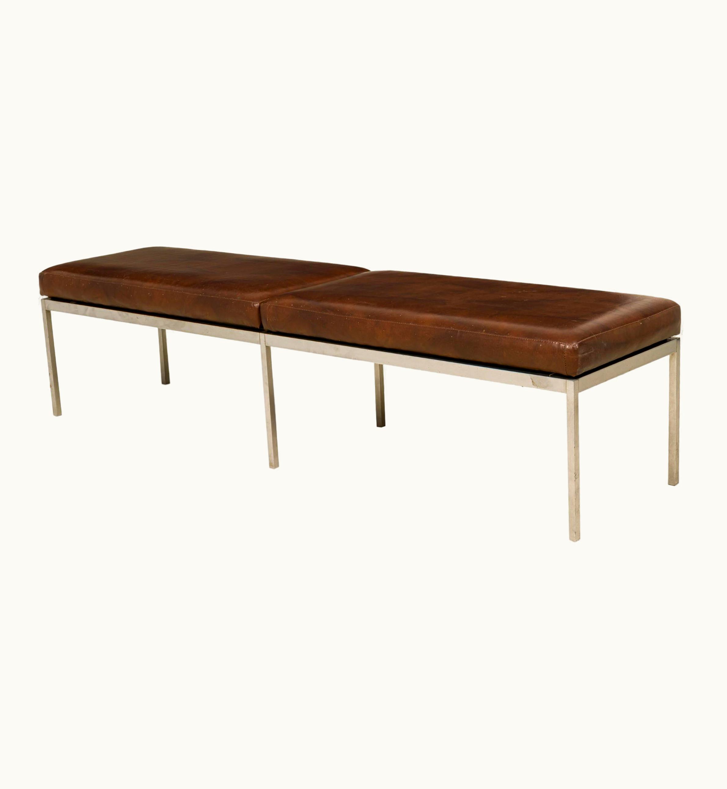 Knoll;Harry Bertoia Knoll;Harry Bertoia For Knoll Associates Brown Leather And Chrome Bench