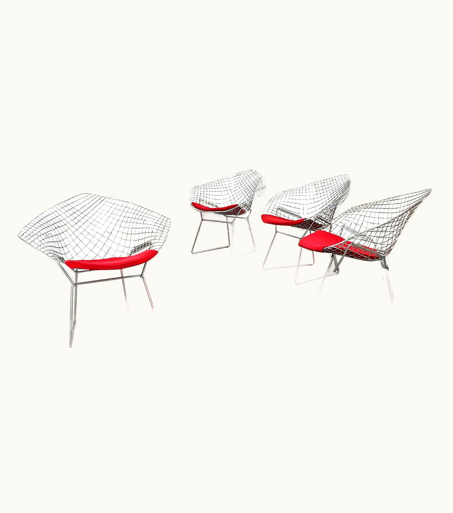 Knoll;Harry Bertoia Knoll;Harry Bertoia USA Mid-Century Red Cushion N Steel Diamond Armchairs By Bertoia For Knoll, 1970