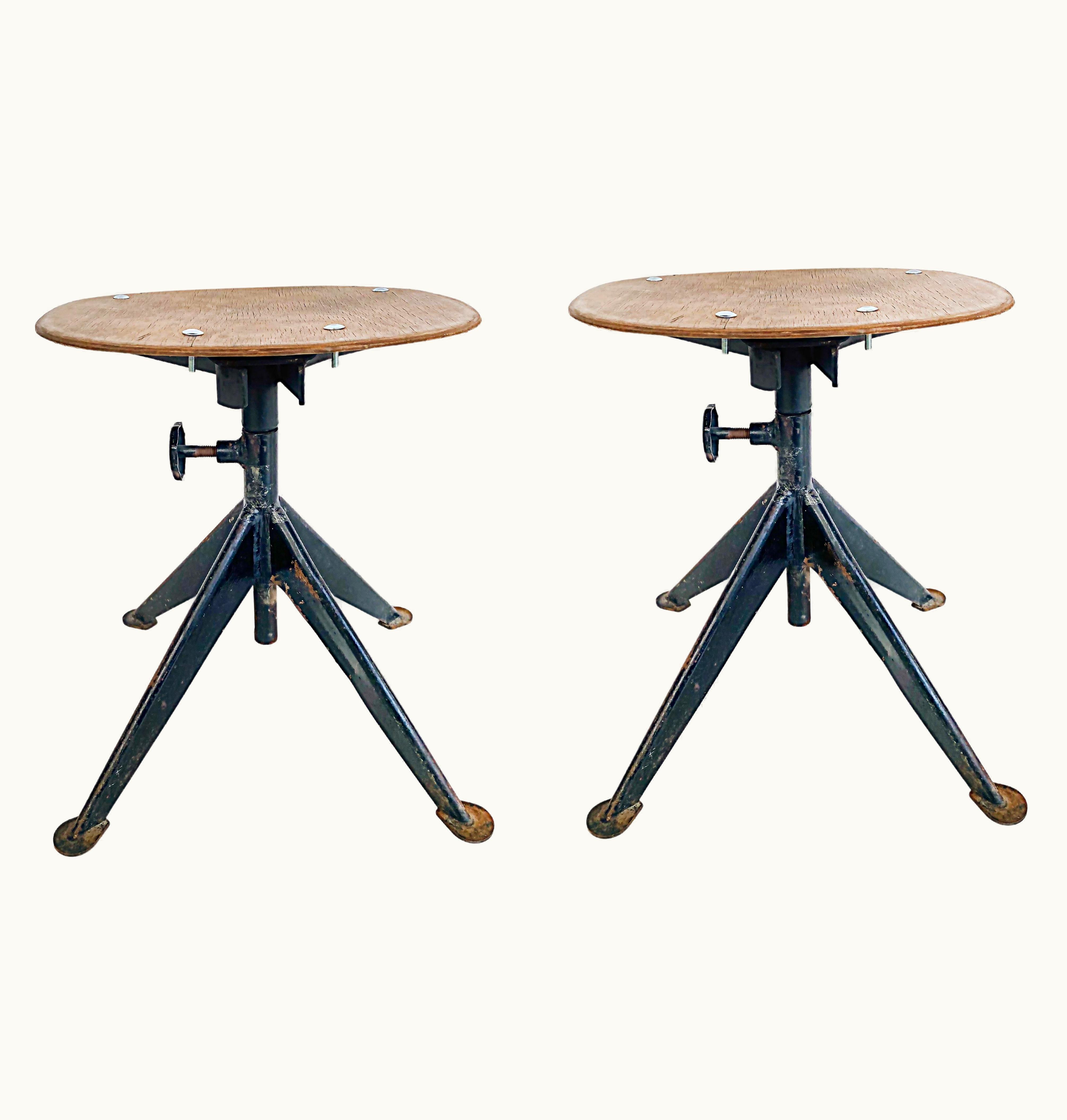Jean Prouvé Jean Prouvé French Mid-Century Industrial Iron Stools, Adjustable, Wood Seats