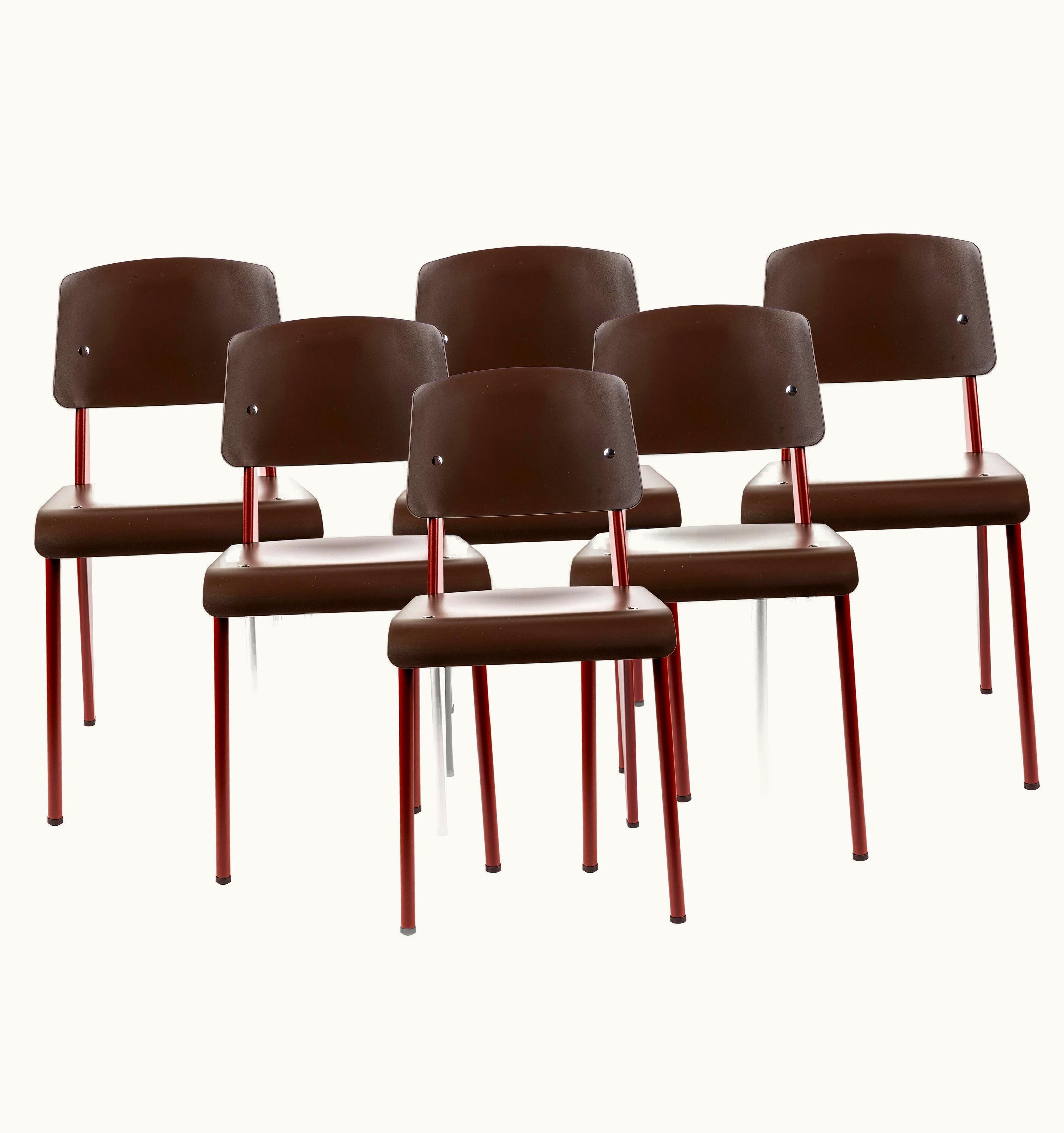 Jean Prouvé Jean Prouvé Set Of 6 Jean Prouvé Standard SP Chairs In Teak Brown And Red For VItra