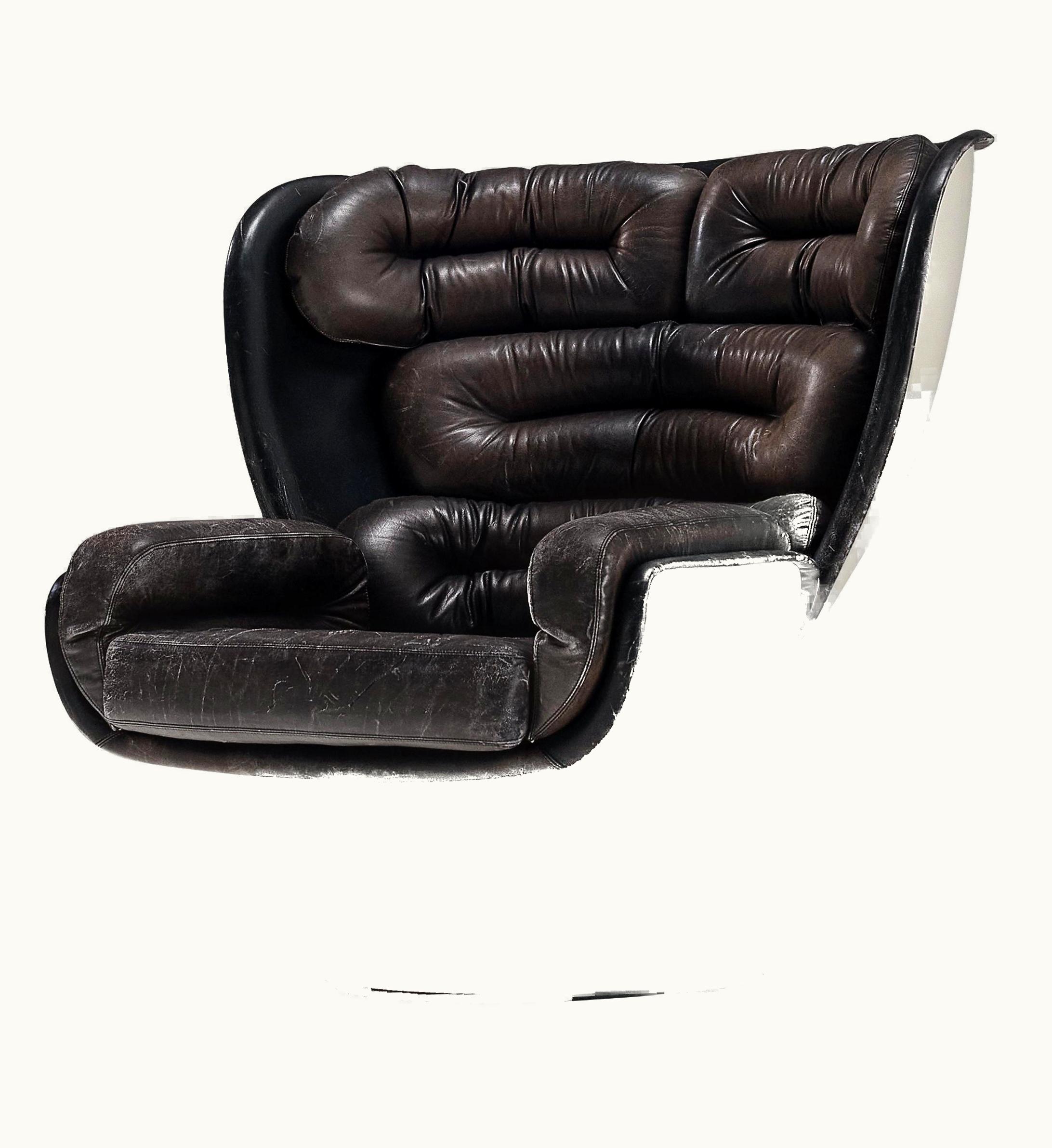 Joe Colombo Joe Colombo Iconic 'Elda' Lounge Chair In Black Leather And Fiberglass