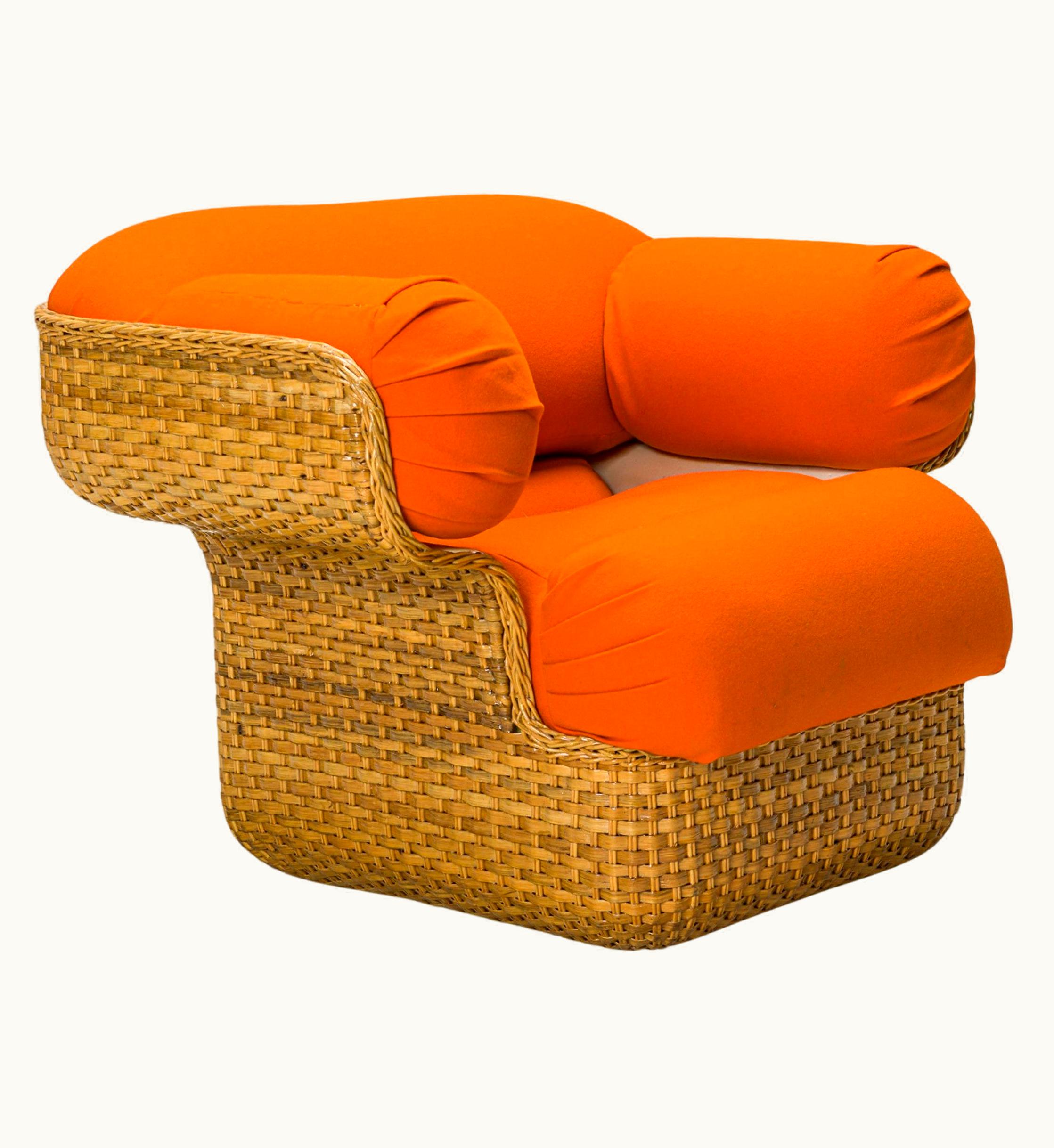 Joe Colombo Joe Colombo Italian Wicker And Bright Orange Upholstery Lounge Armchair