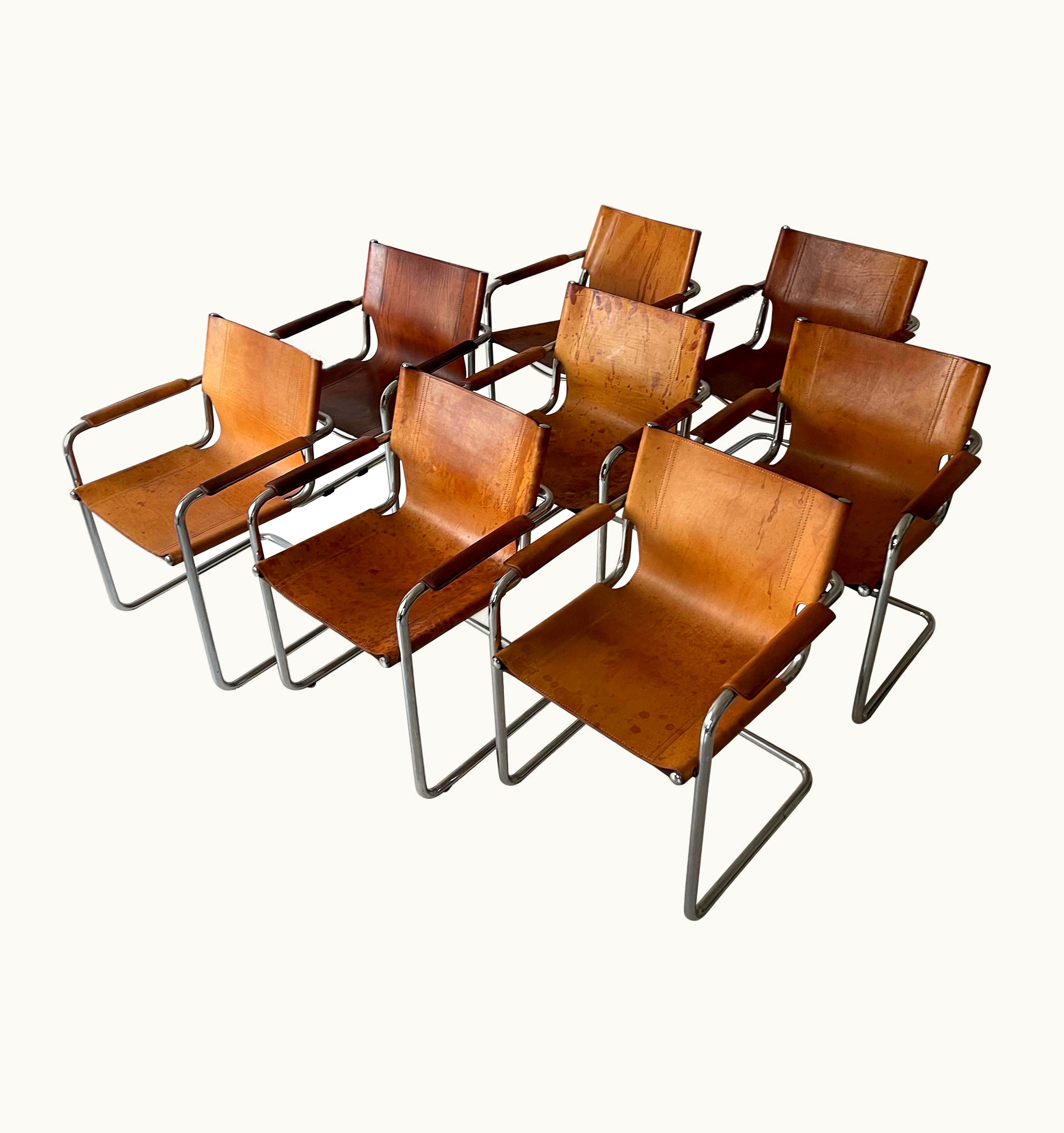 Marcel Breuer Marcel Breuer Matteo Grassi, 8 Cantilever Armchairs In Patinated Cognac Leather, Italy 1970s