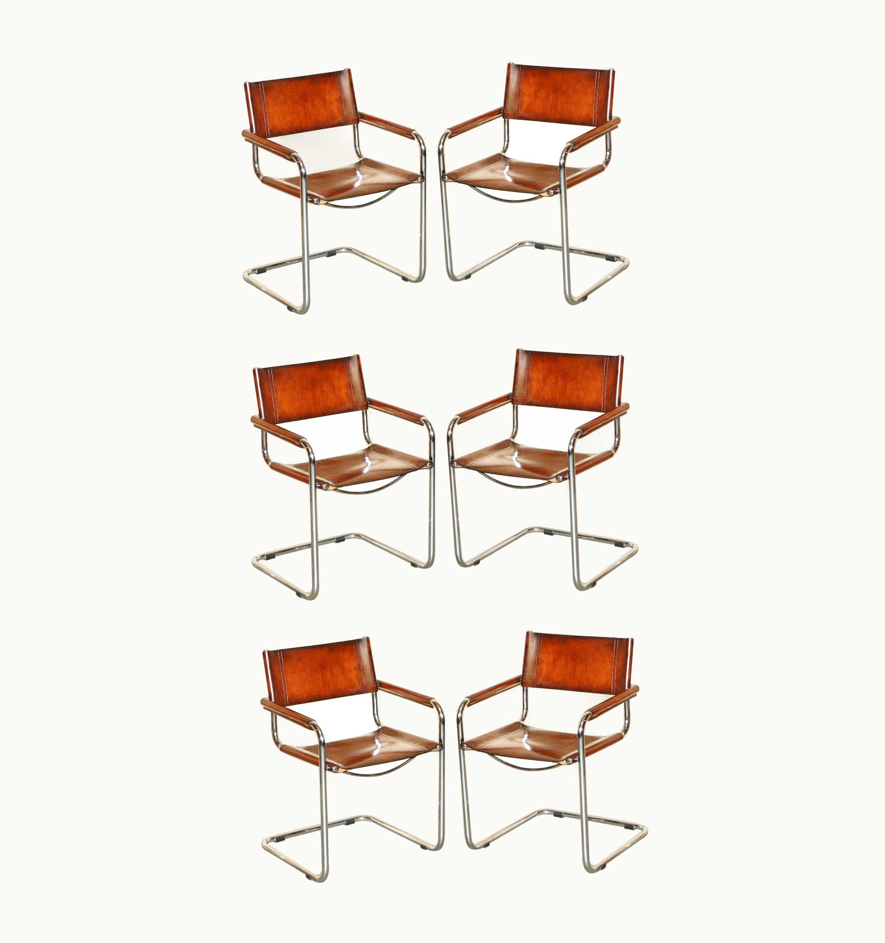 Marcel Breuer;Fasem International SIX RESTORED VINTAGE BROWN LEATHER MARCEL BREUER B34 FASEM DINING ARMCHAIRS 6
