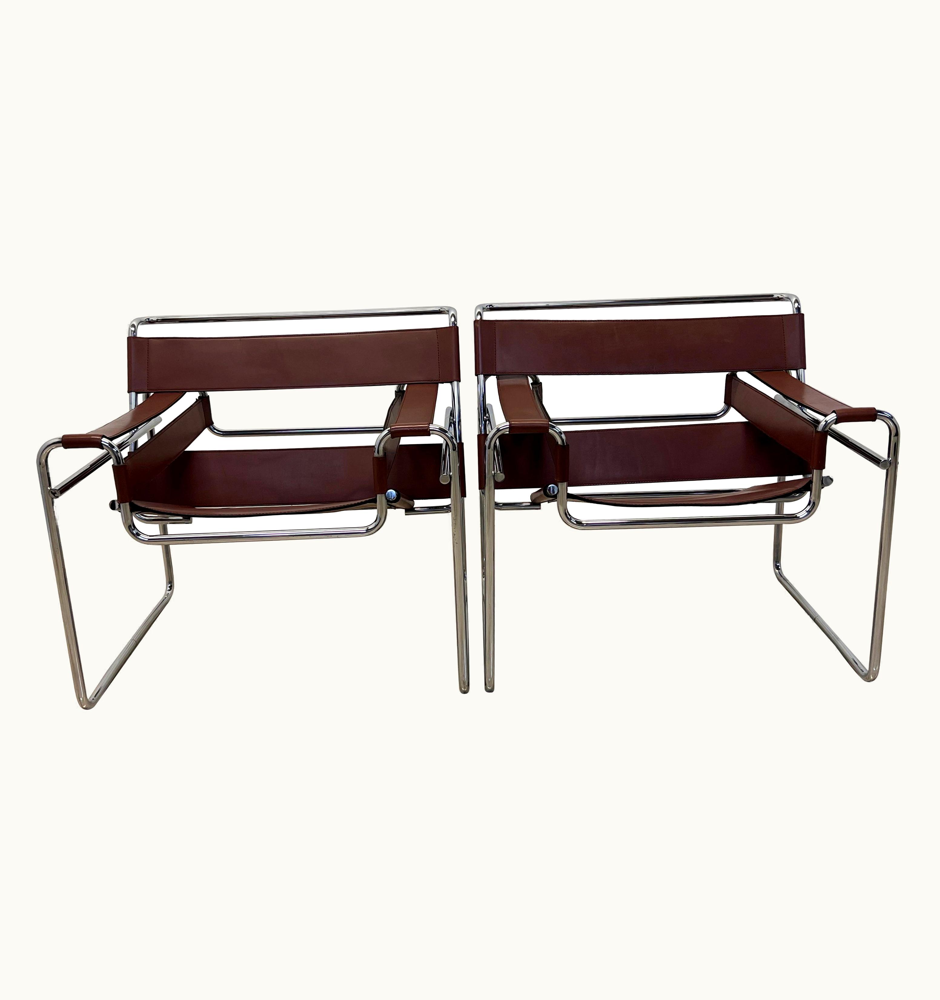 Marcel Breuer Marcel Breuer Brown Leather And Chrome Wassily Chairs By Gavina Spa, A Pair