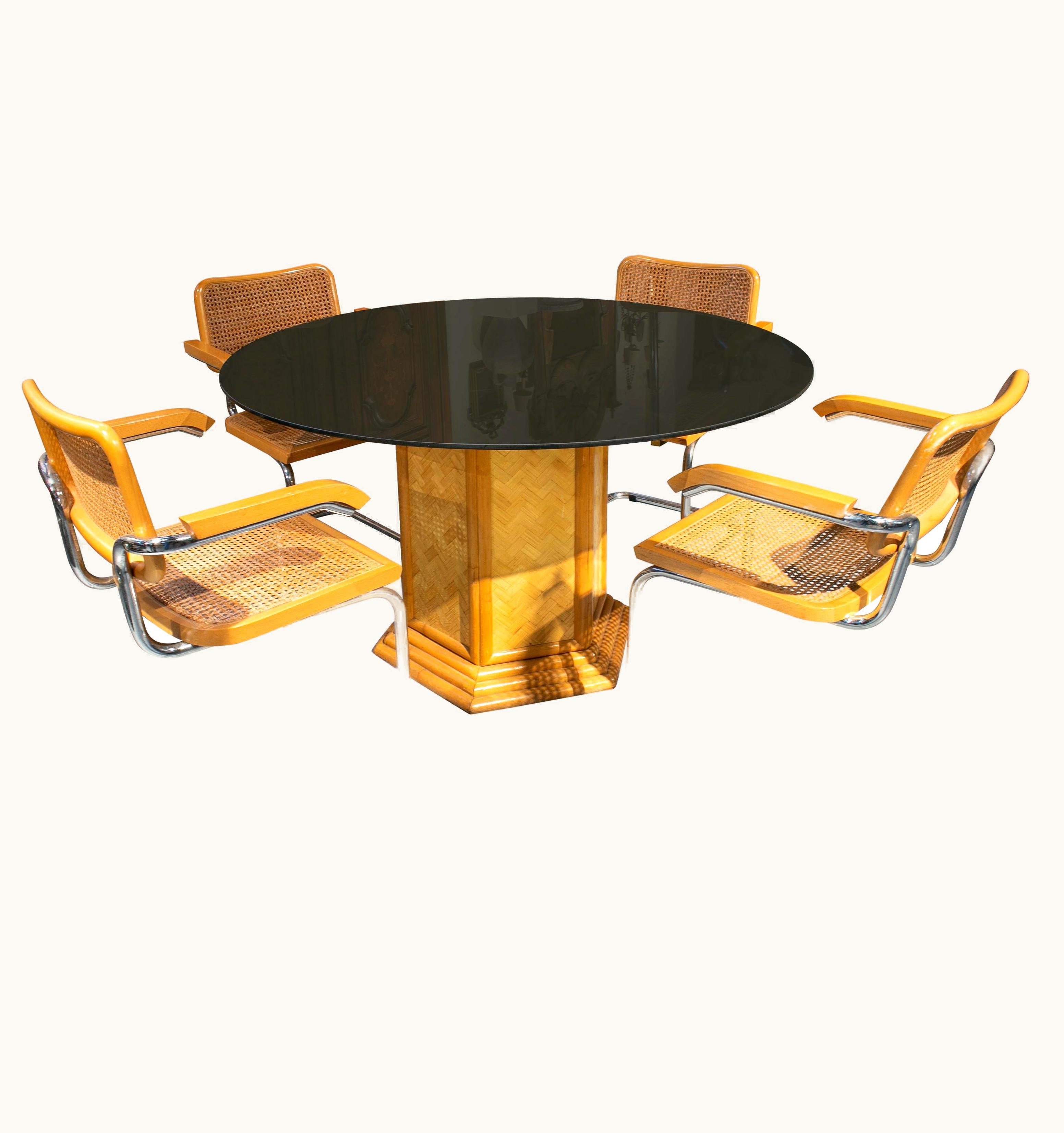 Marcel Breuer 1970s Set Of Italian Bamboo And Crystal Table With Four Cesca Chairs