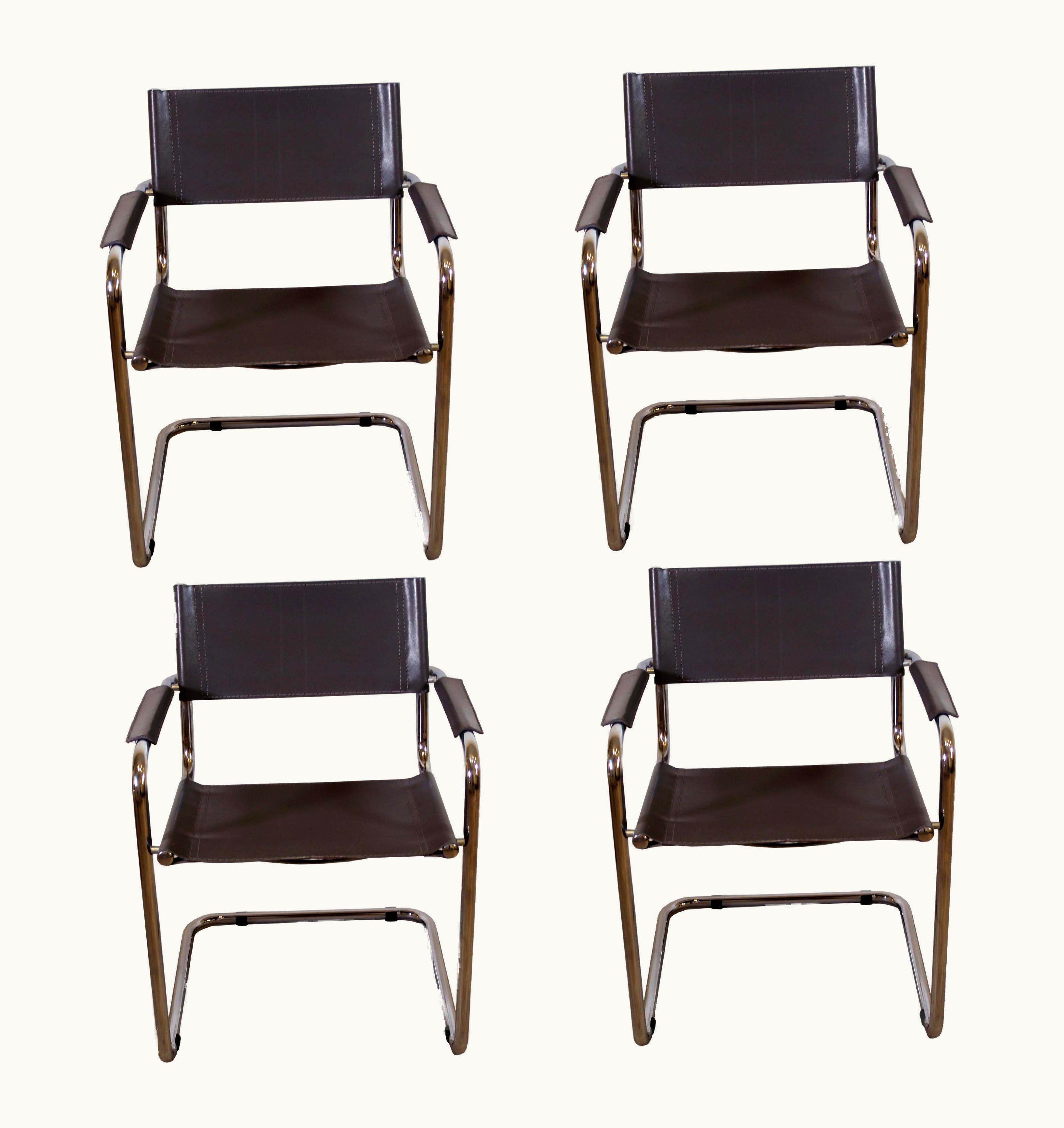 Marcel Breuer Set Of 4 Leather & Chrome Cantilever Directors Style Breuer Chairs Made In Italy