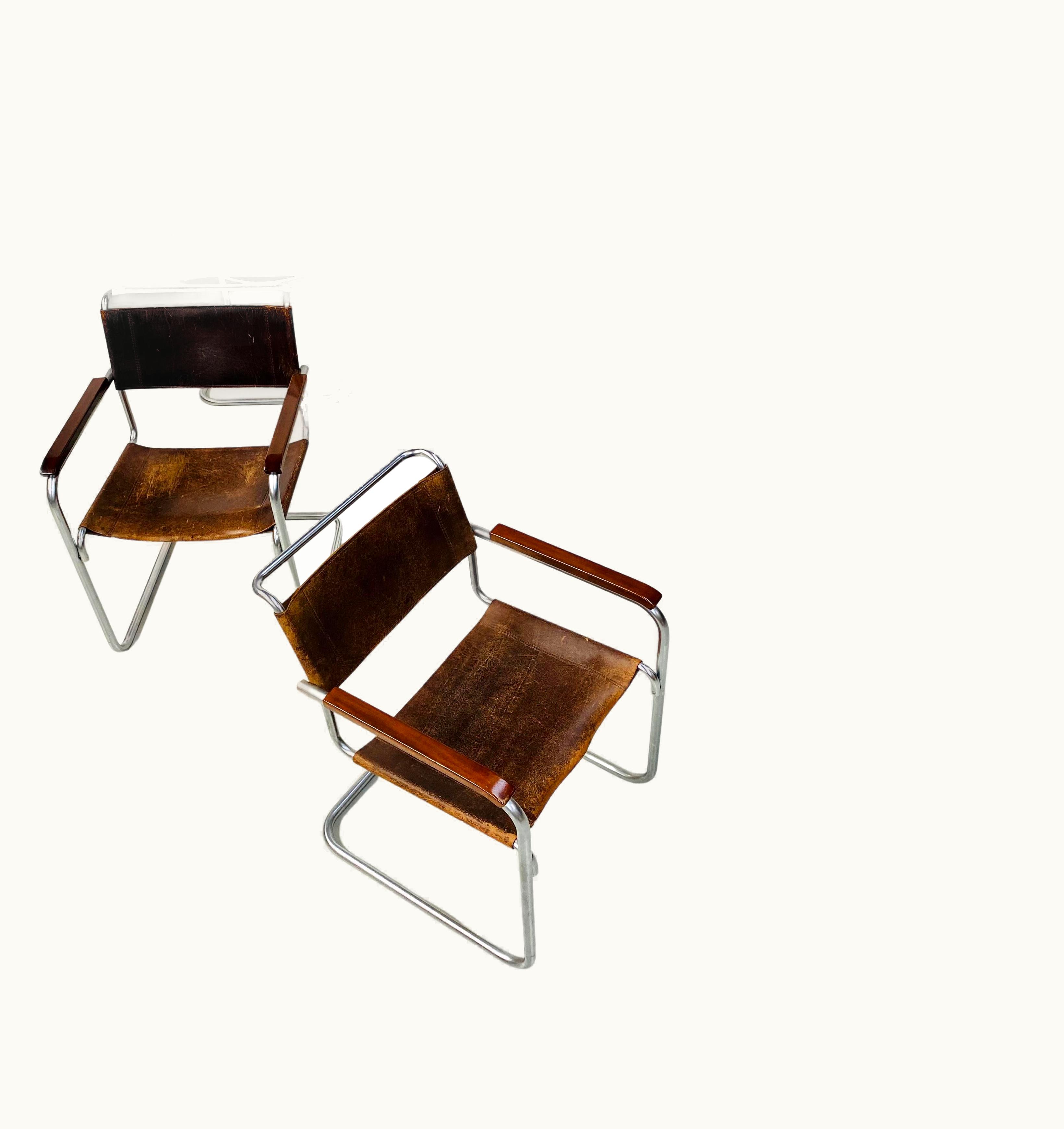 Marcel Breuer Marcel Breuer Vintage Mat Chrome B34 Bauhaus Leather Arm Chairs By Marcel Breuer, 1960s