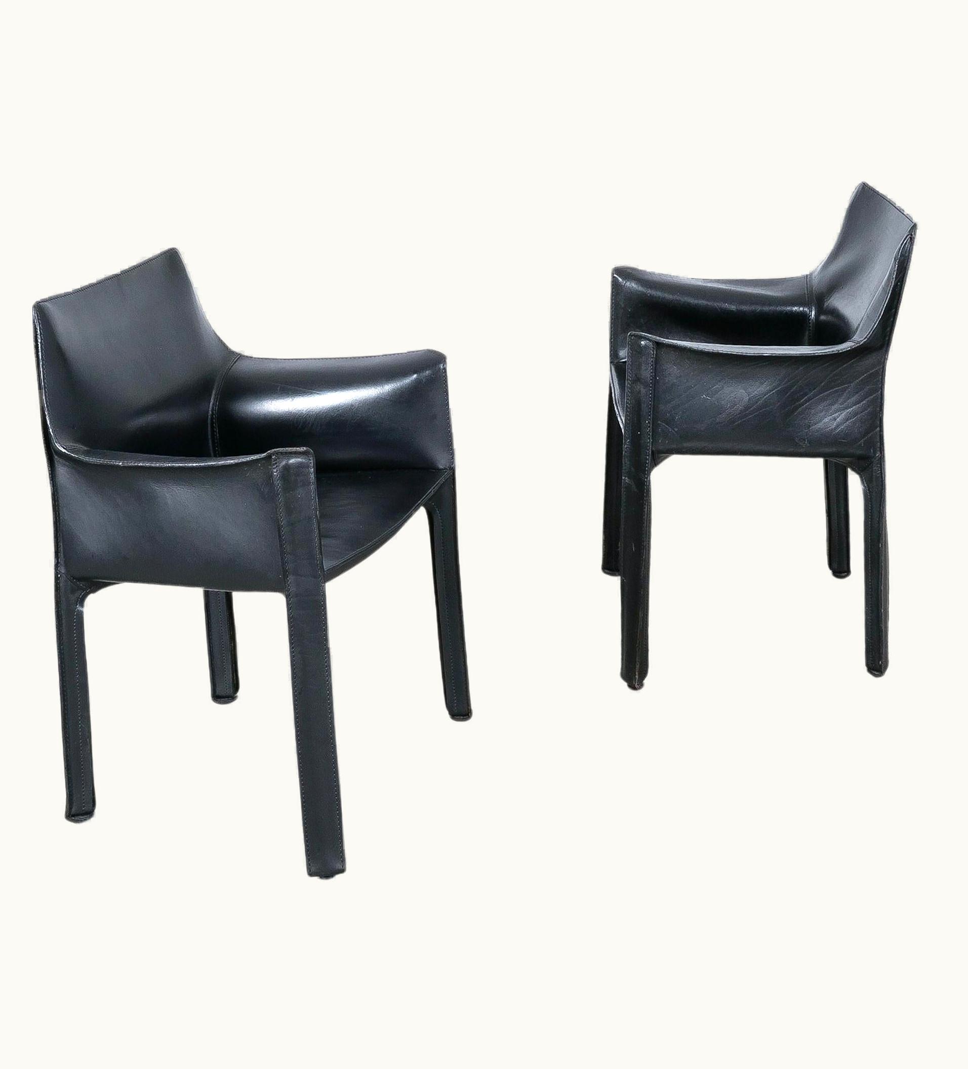 Mario Bellini Mario Bellini Cassina Cab 413 Pair Black Leather Dining Chairs, Italy