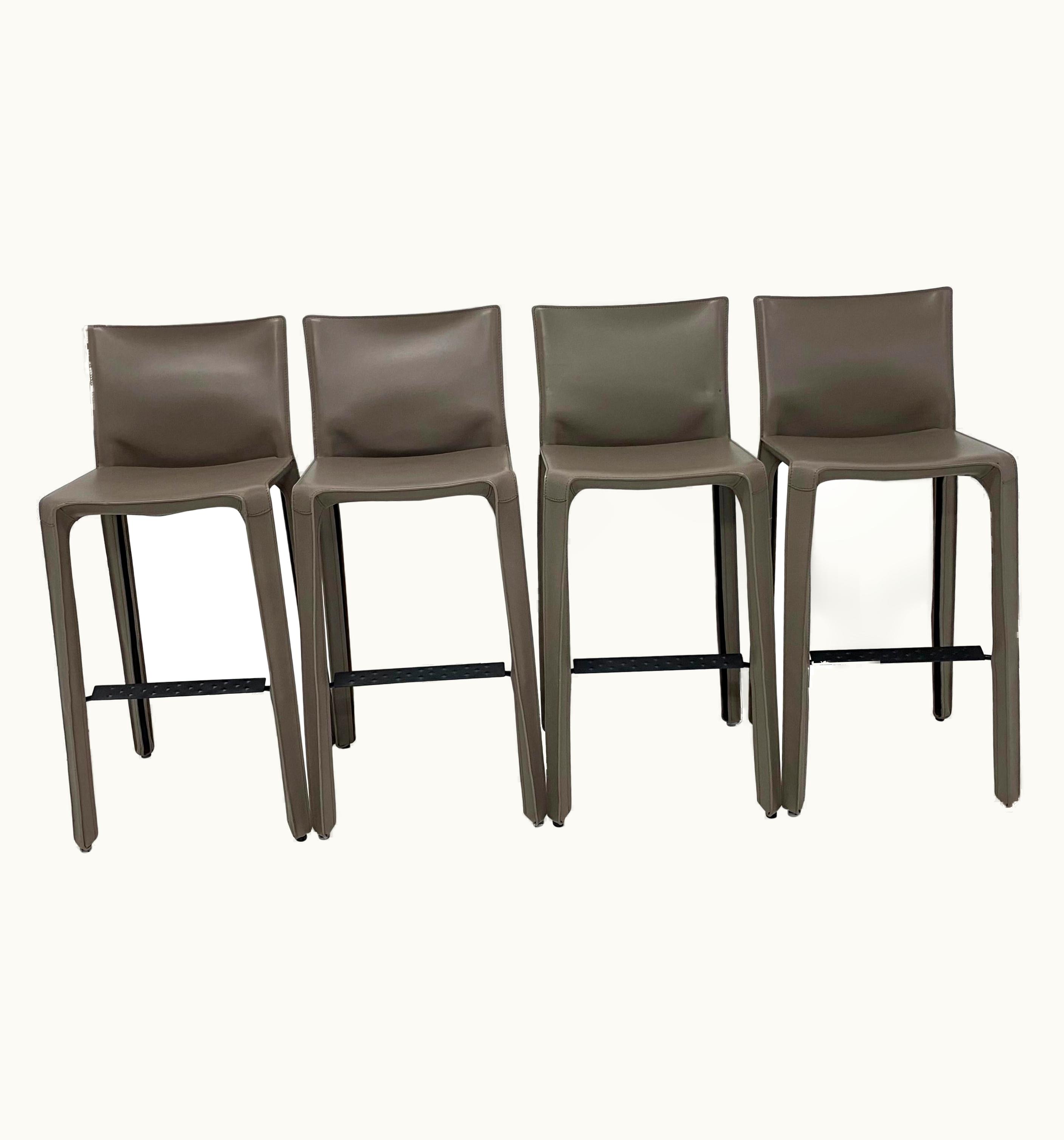 Mario Bellini Mario Bellini Taupe Gray Leather CAB Barstools For Cassina, Set Of Four