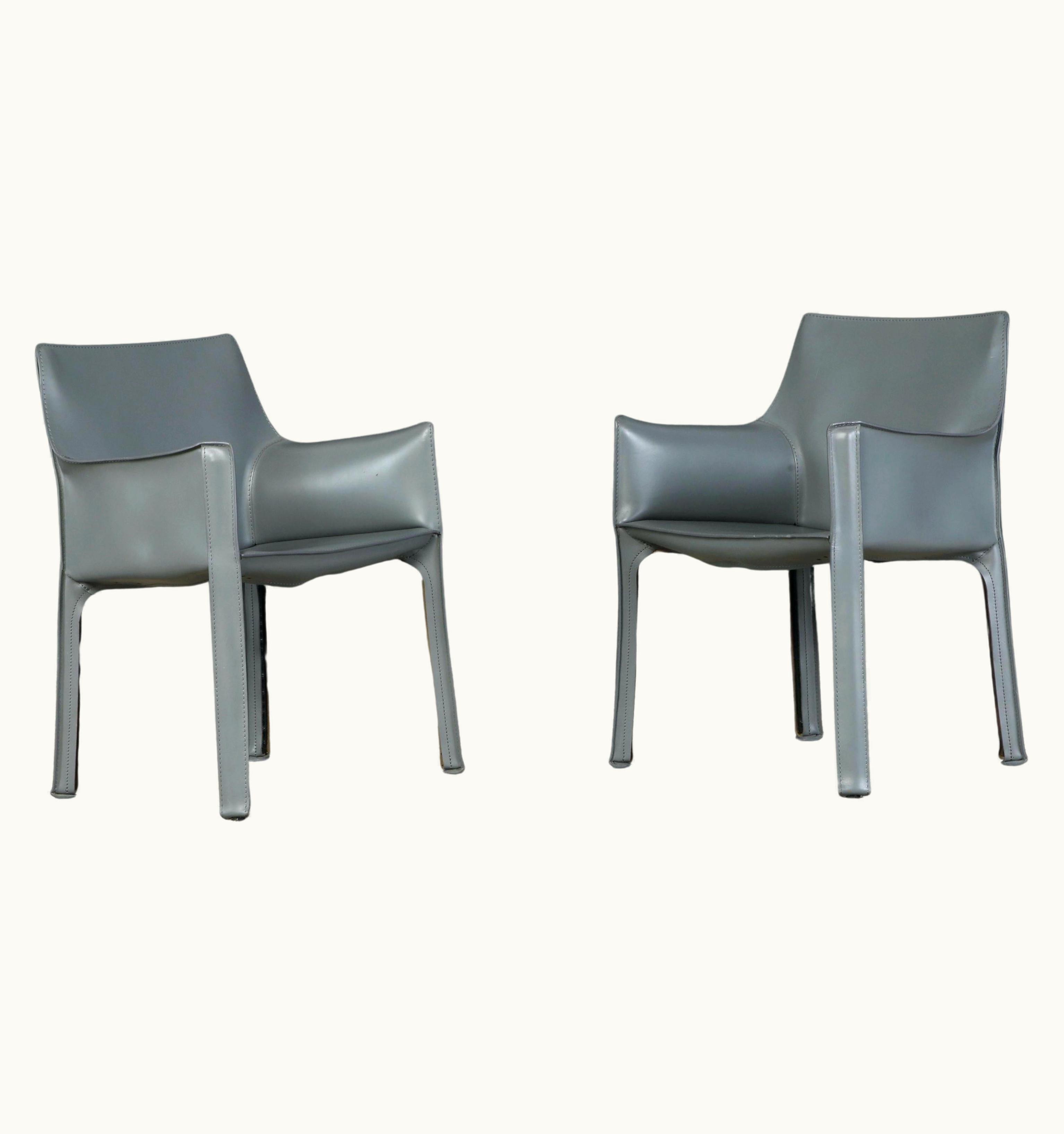 Mario Bellini Mario Bellini For Cassina Pair Of Grey Leather 'Cab' Armchairs, Signed
