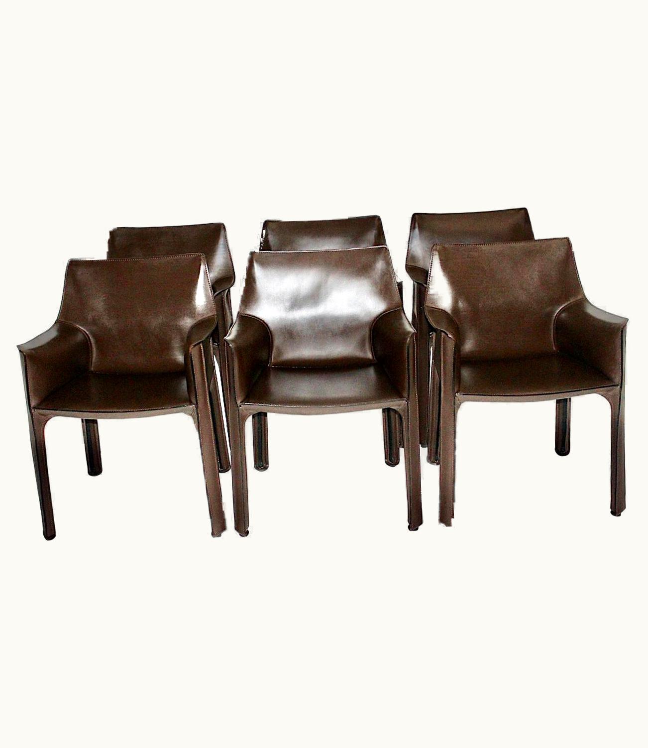 Mario Bellini Mario Bellini Vintage Brown Six Leather CAB Dining Chair Armchair Cassina 1970s