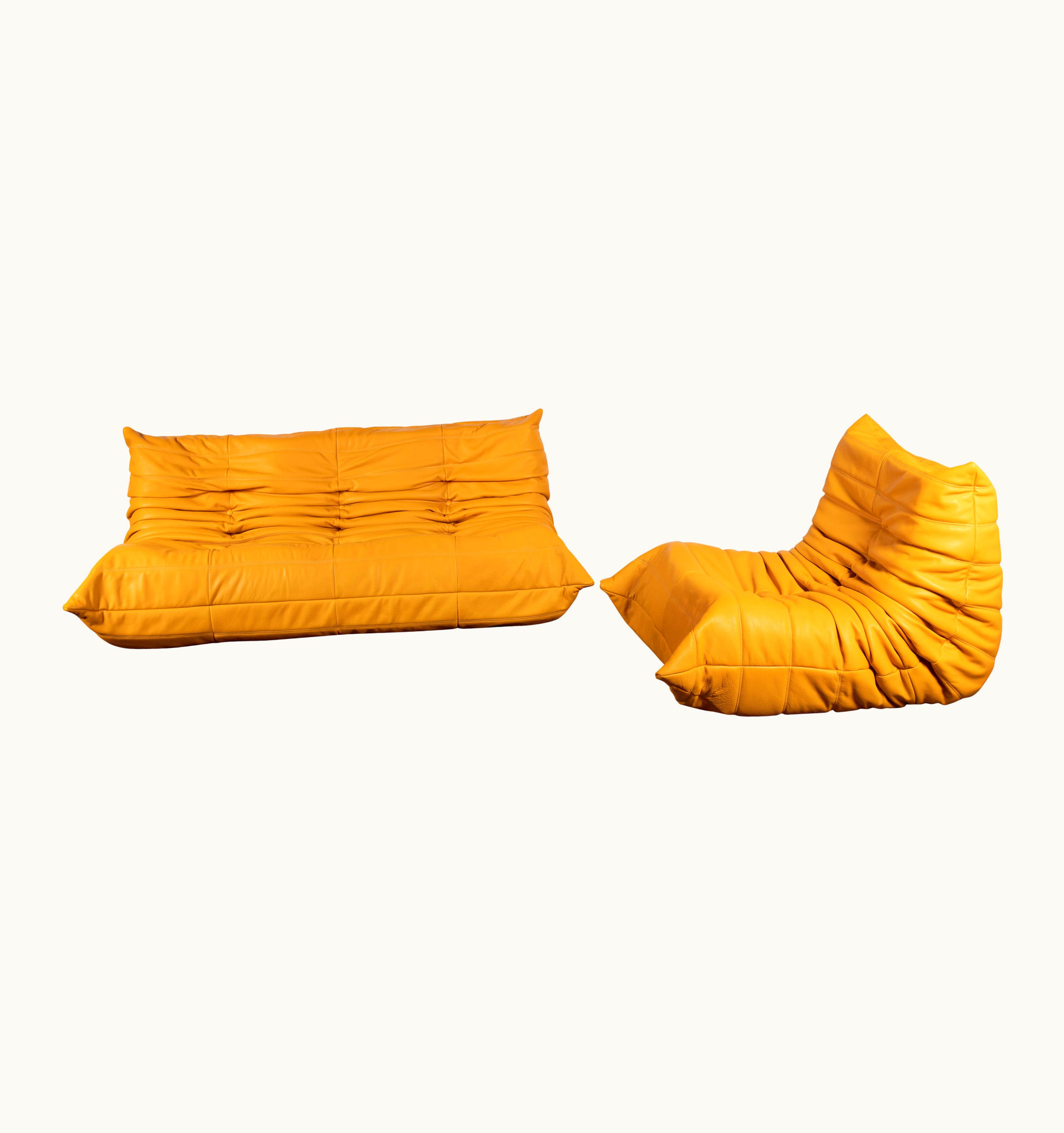 Michel Ducaroy Michel Ducaroy Mustard Aniline Leather Togo Set, 3-Seat & 1-Seat, 1970s, Reupholstered