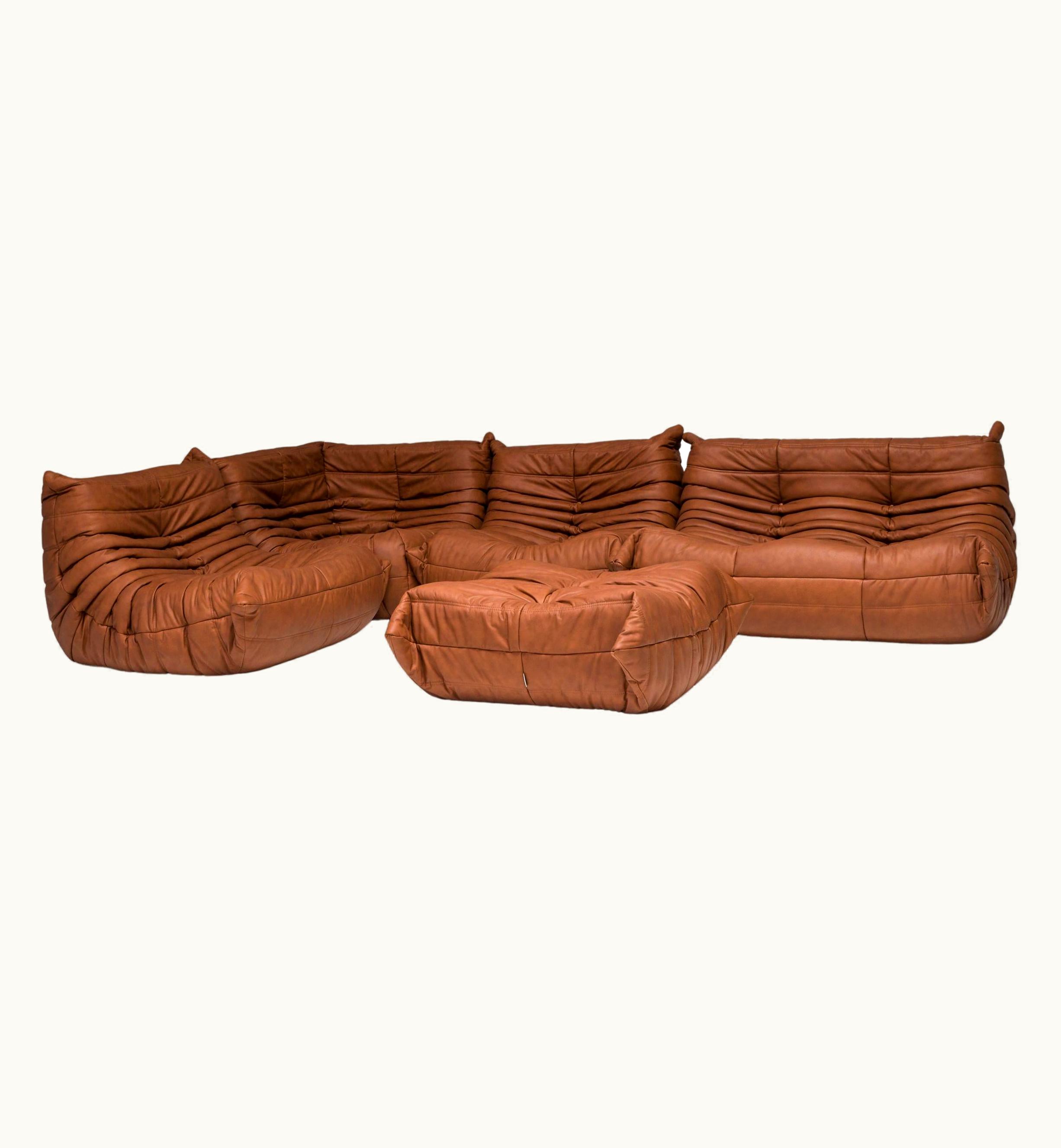 Michel Ducaroy Michel Ducaroy For Ligne Roset Togo Brown Leather Modular Sofa, Set Of 5