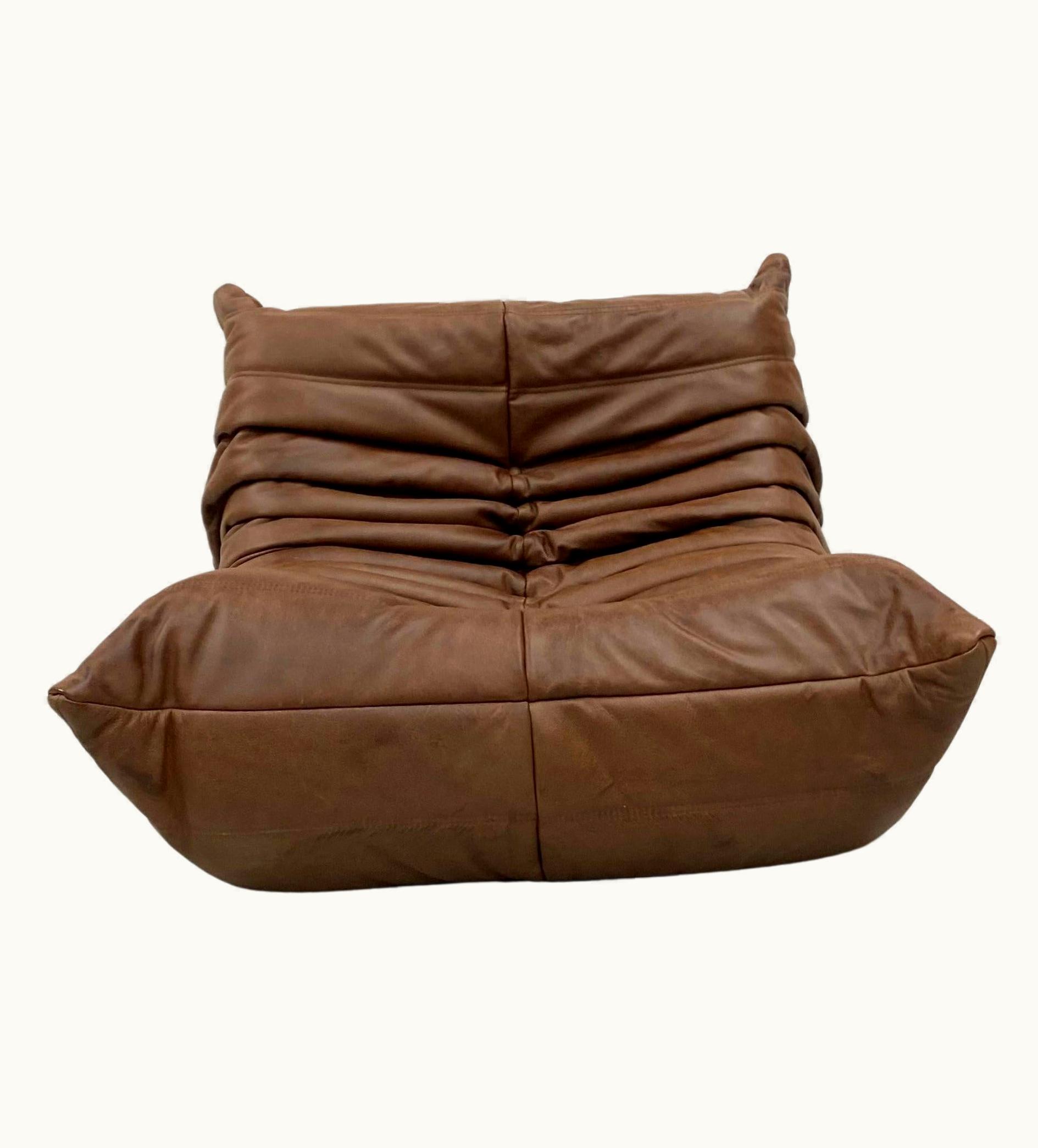 Michel Ducaroy Michel Ducaroy Vintage French Togo Chair In Chestnut Leather By M.Ducaroy For Ligne Roset