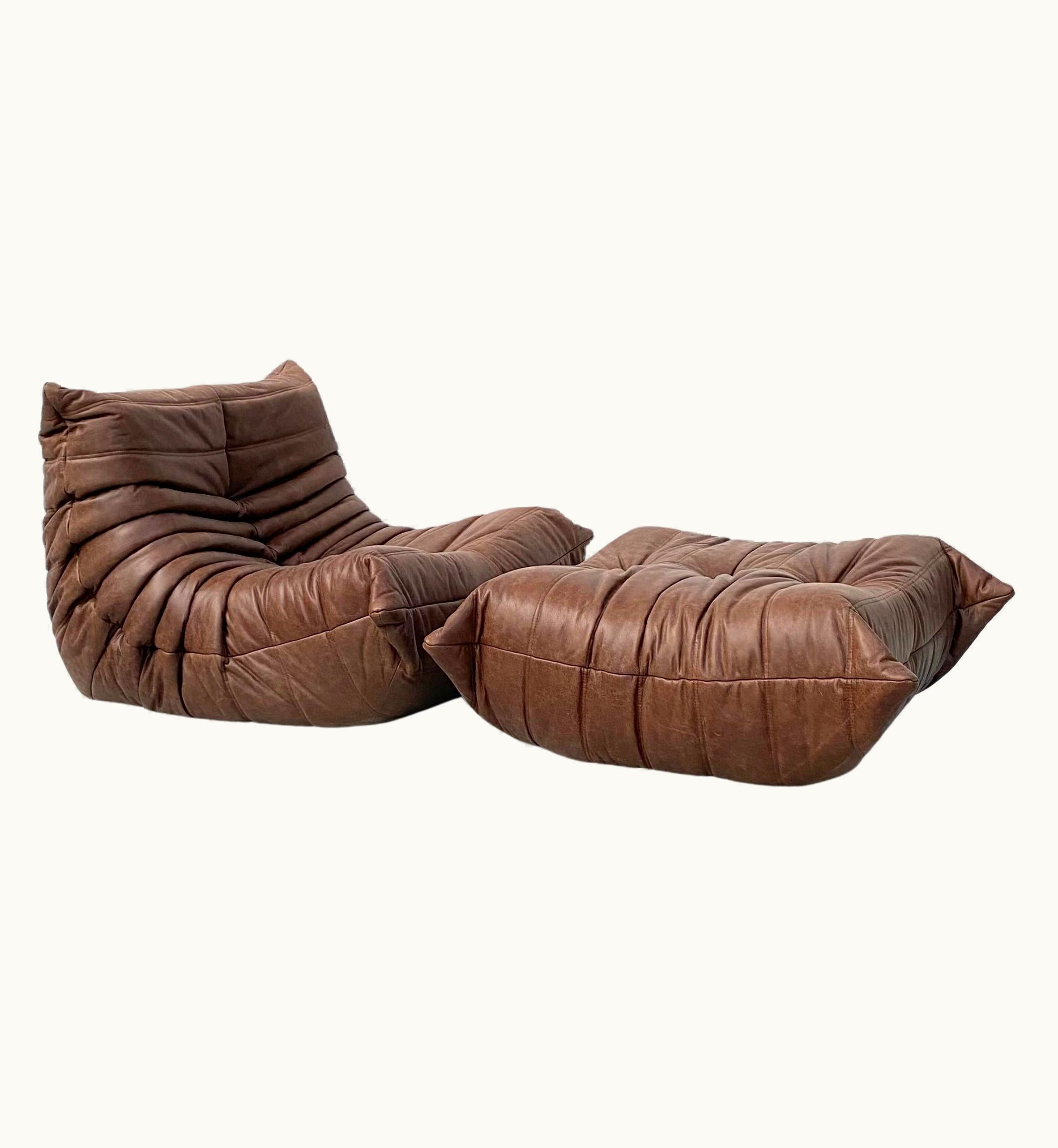 Michel Ducaroy Michel Ducaroy French Togo Chair And Ottoman In Brown Leather By M. Ducaroy For Ligne Roset