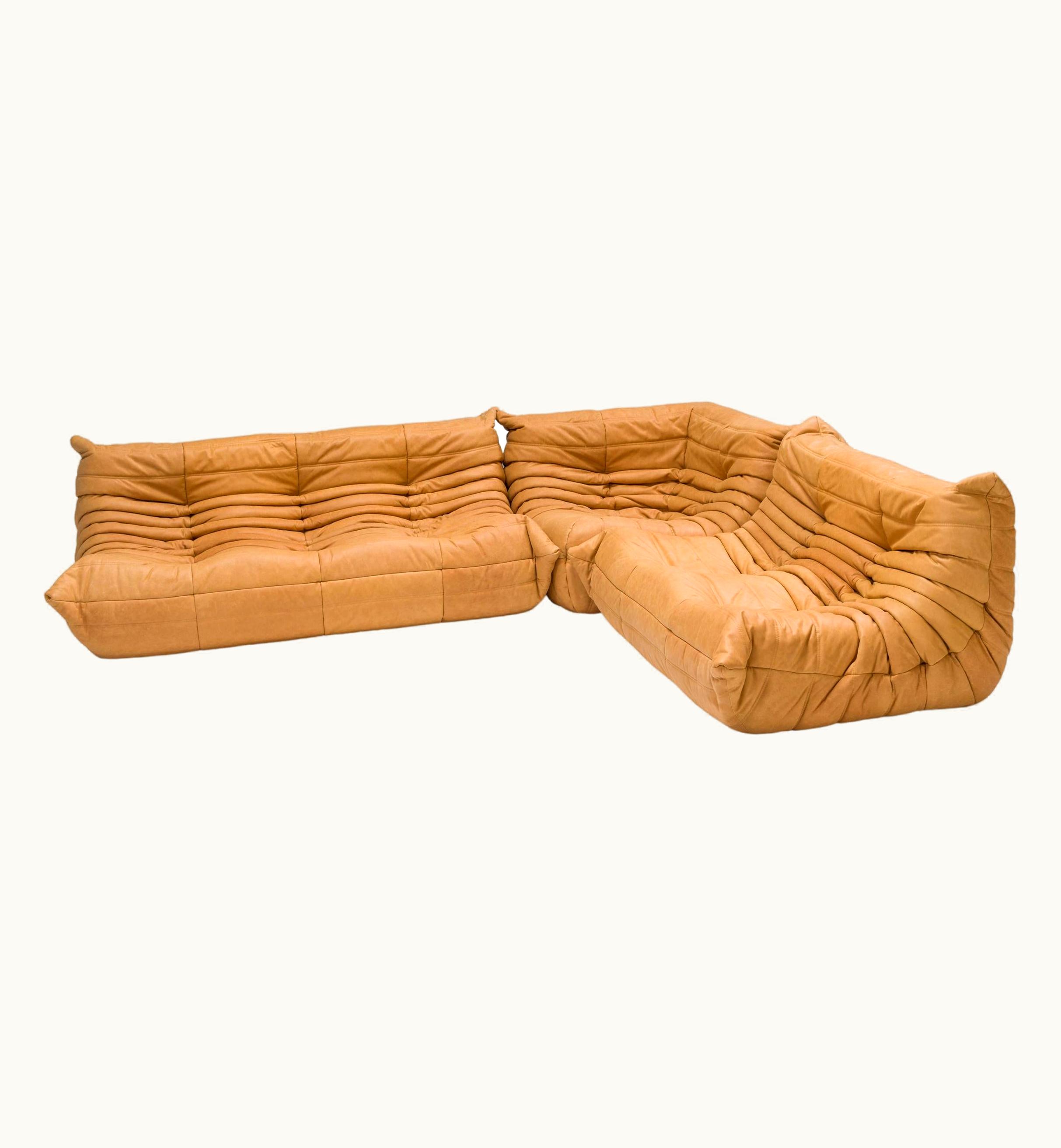 Michel Ducaroy Ligne Roset By Michel Ducaroy Camel Brown Leather Togo, Set Of Three