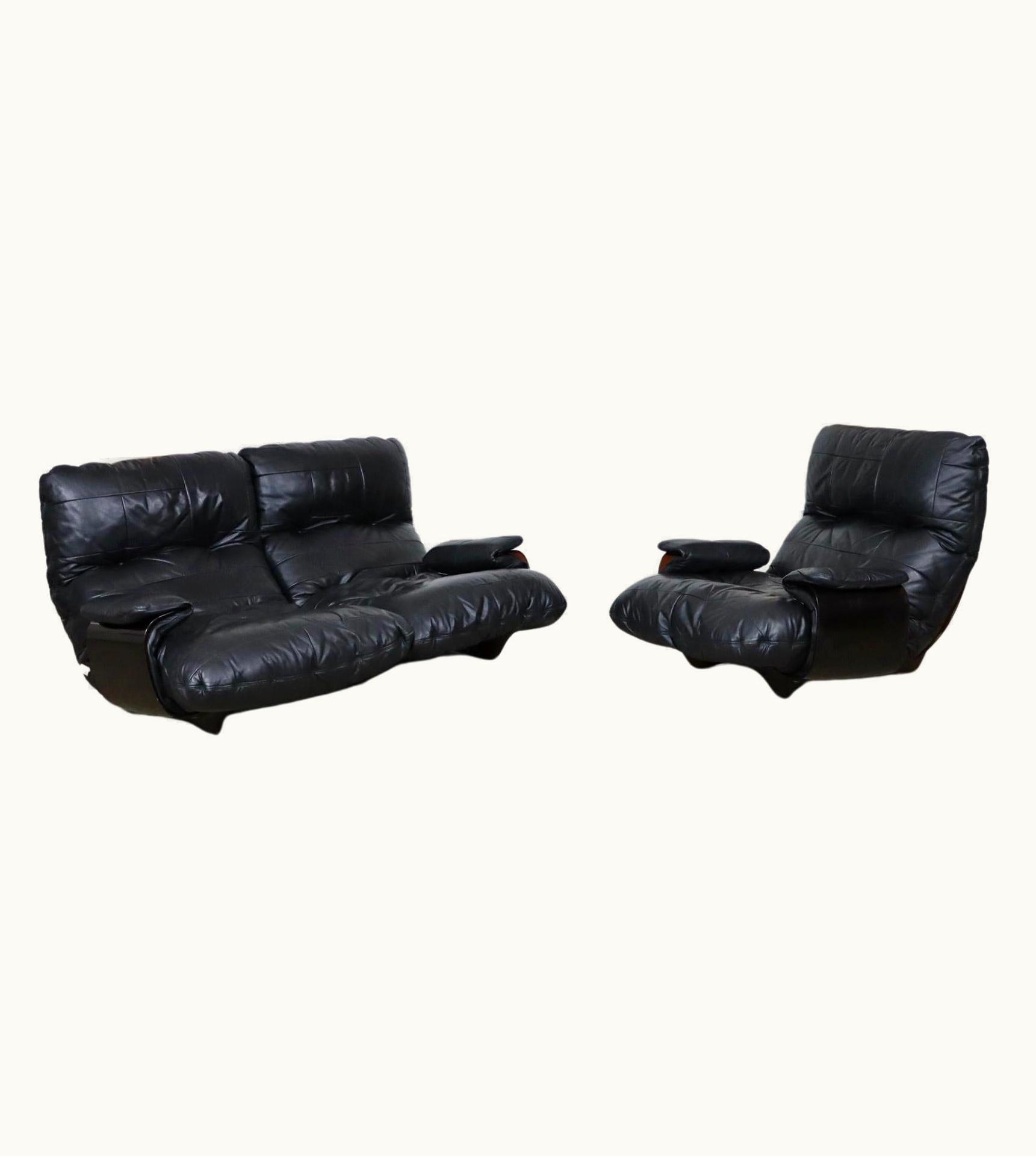 Michel Ducaroy Michel Ducaroy Ligne Roset Marsala Sofa And Lounge Chair In Black Leather By Michel Ducaroy