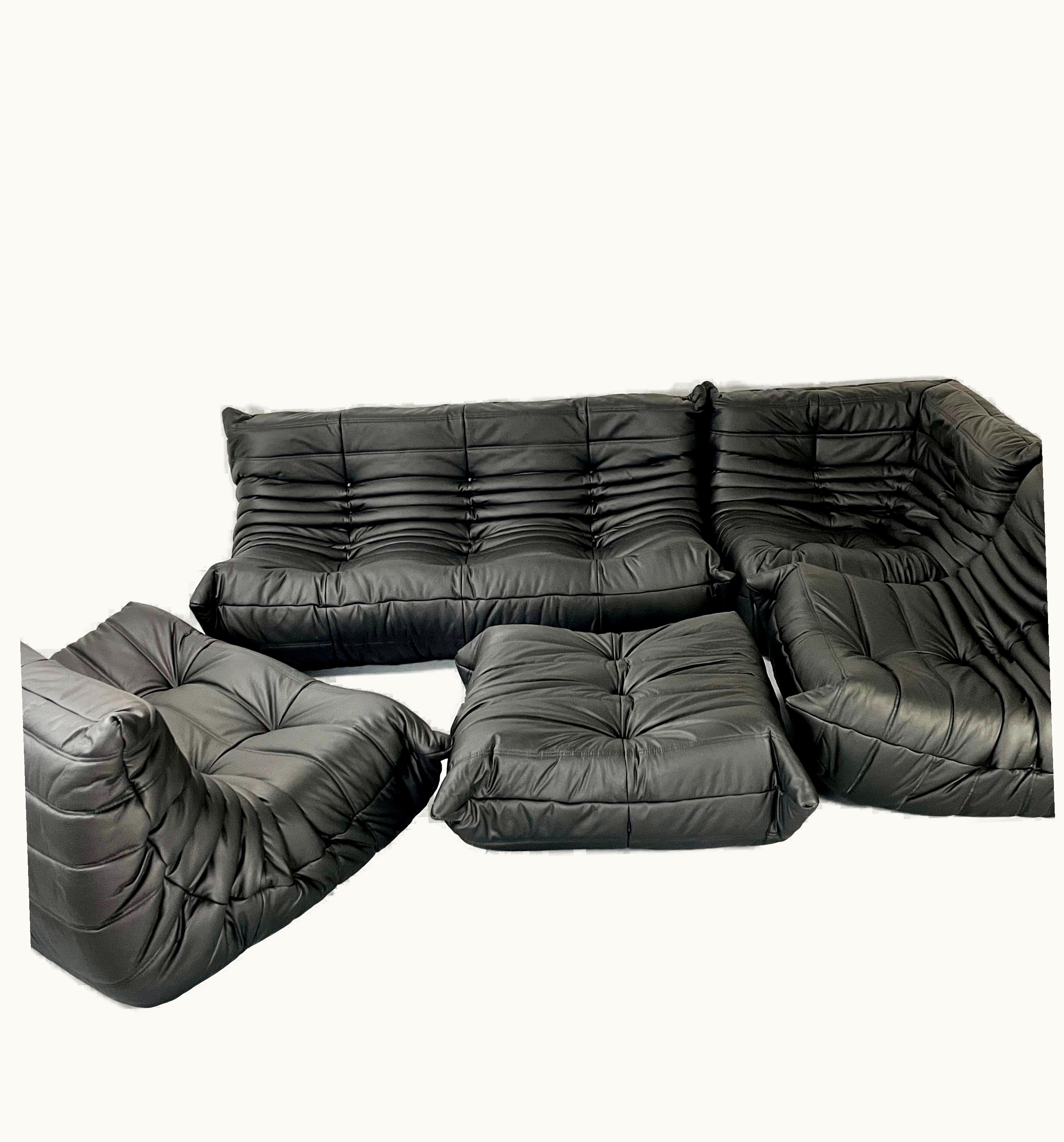 Michel Ducaroy Michel Ducaroy Original Black Leather Togo Sofa 5 Pieces By Michel Ducaroy For Ligne Roset