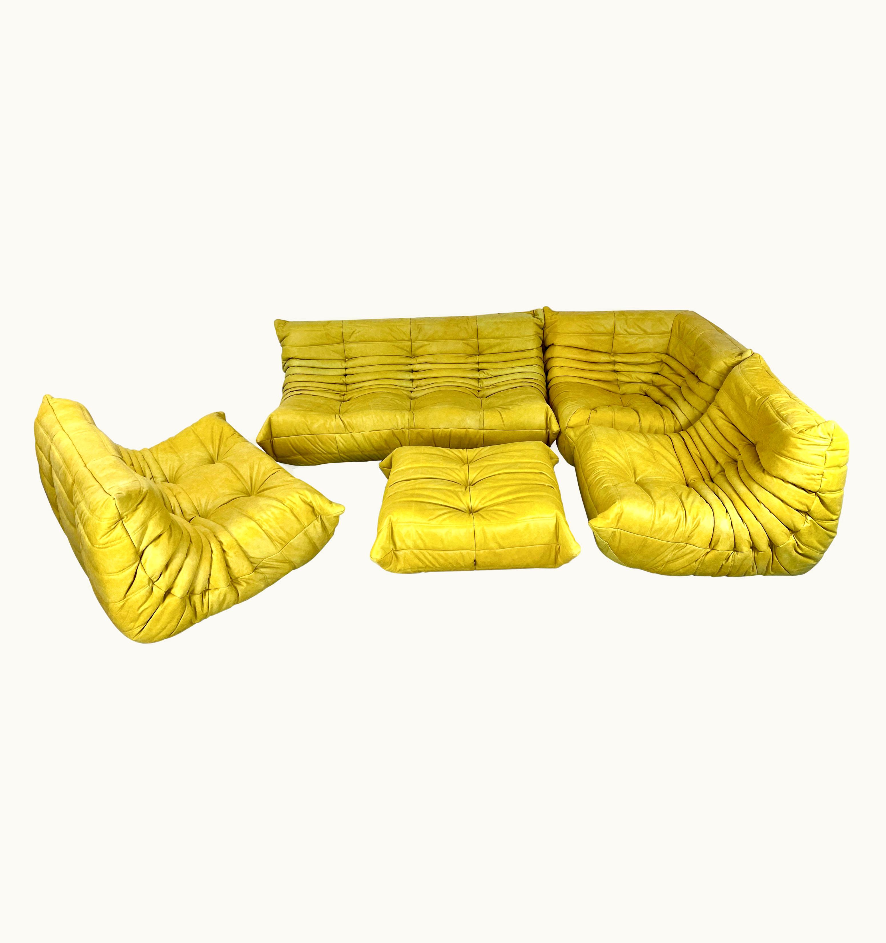 Michel Ducaroy Michel Ducaroy Original Yellow Leather Togo Sofa 5 Pieces By Michel Ducaroy For Ligne Roset