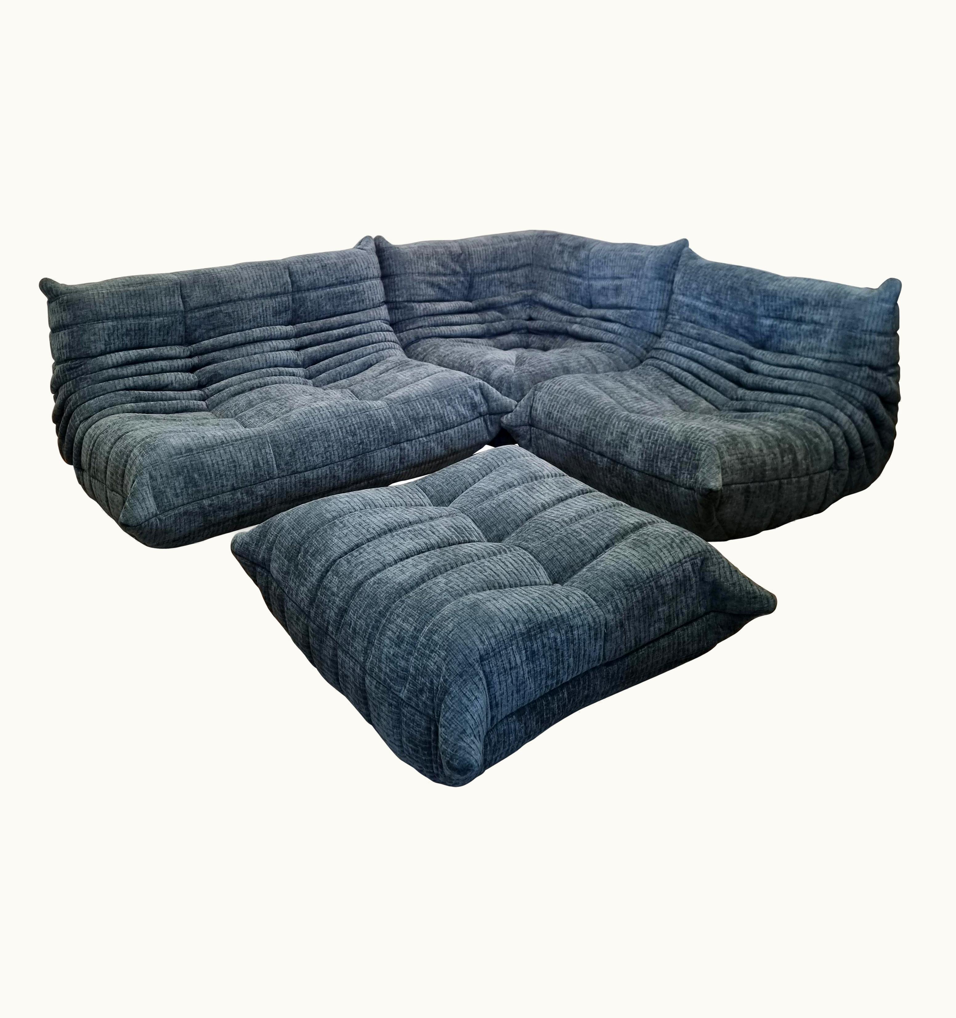 Michel Ducaroy Michel Ducaroy Ligne Roset Togo Sofa In Corduroy Seaweed Blue With Footstool, 1970s