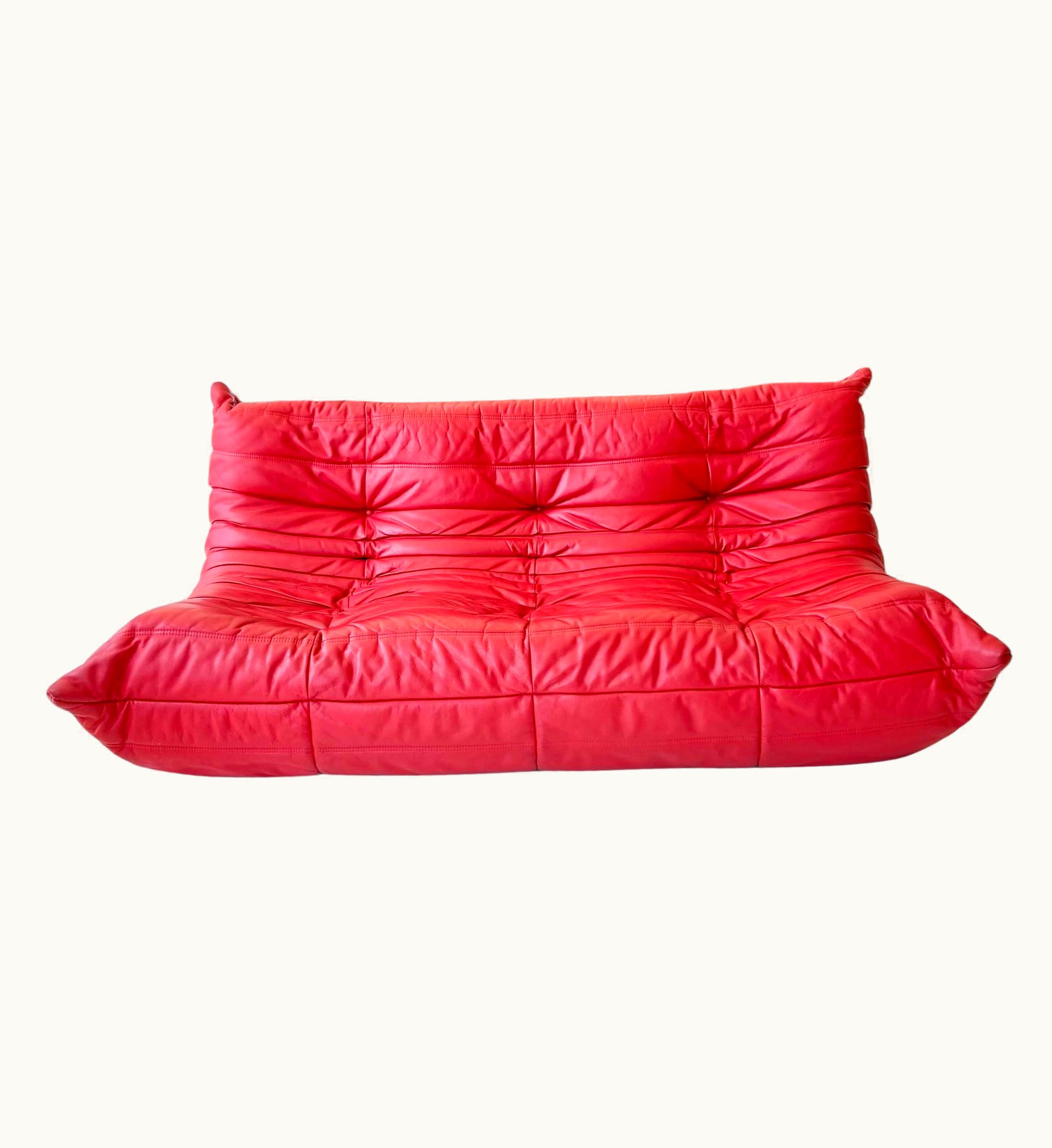 Michel Ducaroy Michel Ducaroy Red Leather Togo 3 Seater Sofa By Ligne Roset, 1980s