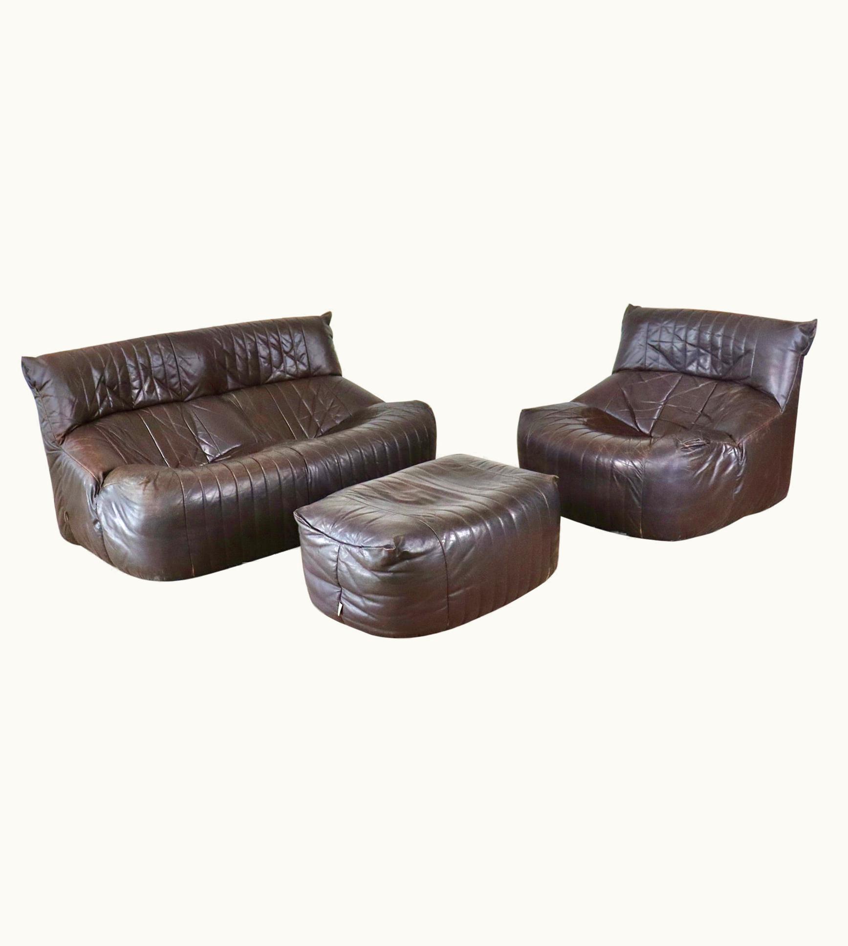 Michel Ducaroy Michel Ducaroy Ligne Roset Aralia Seating Group In Brown Leather By Michel Ducaroy, 1970s