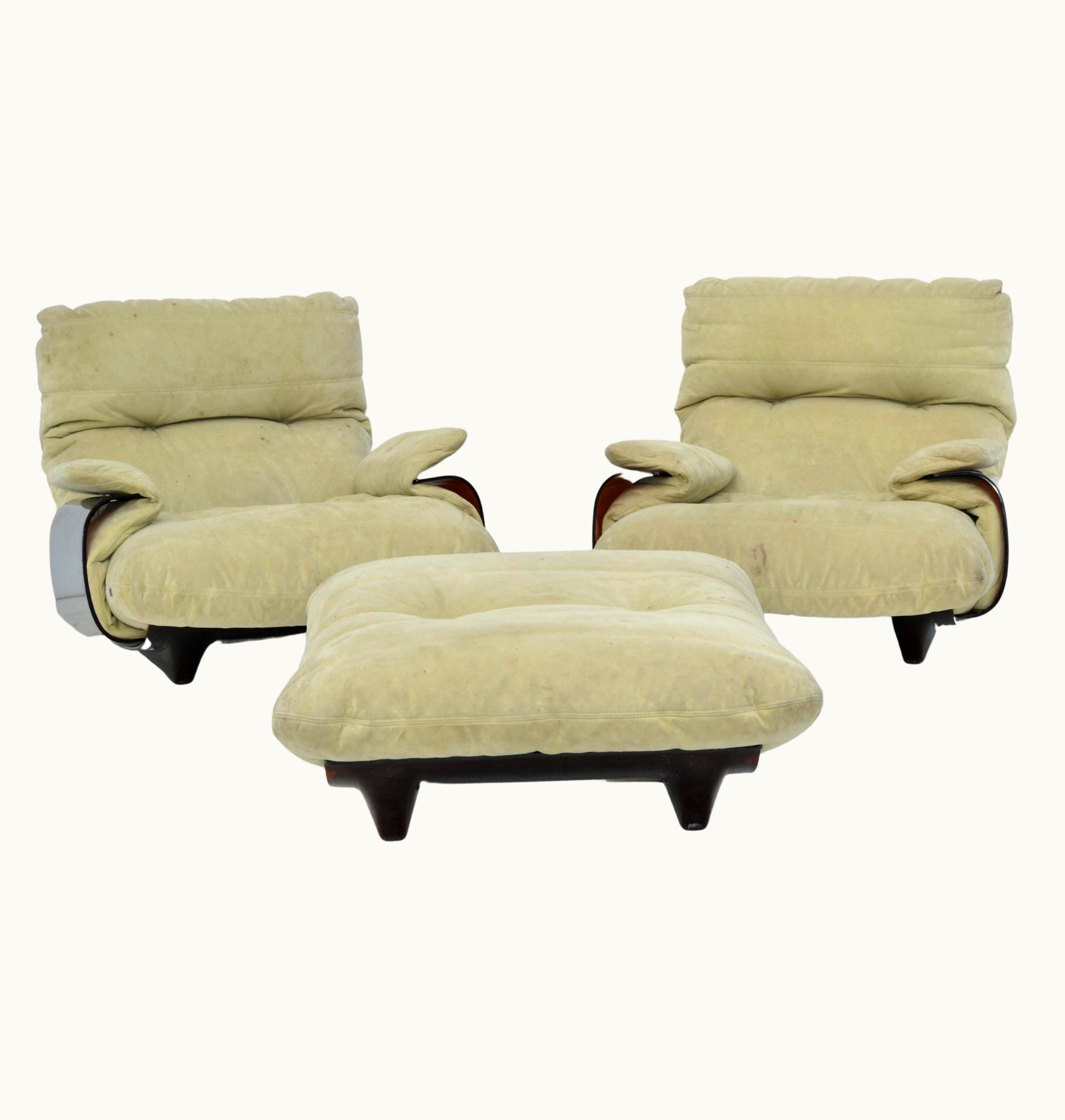 Michel Ducaroy Michel Ducaroy 'Marsala' Ultra-Suede & Bronze Lucite 2 Lounge Chairs & Ottoman