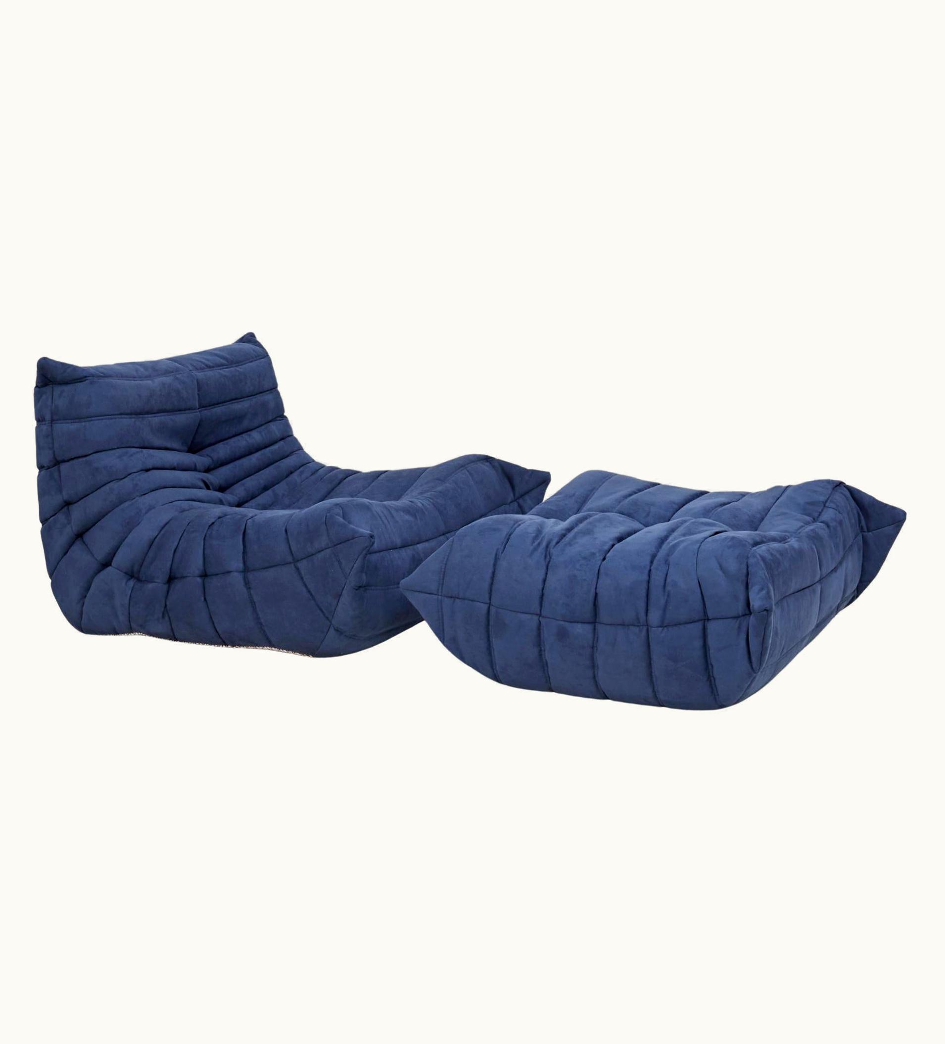 Michel Ducaroy Michel Ducaroy Ligne Roset Togo Dark Blue Armchair And Footstool By Michel Ducaroy, Set Of 2