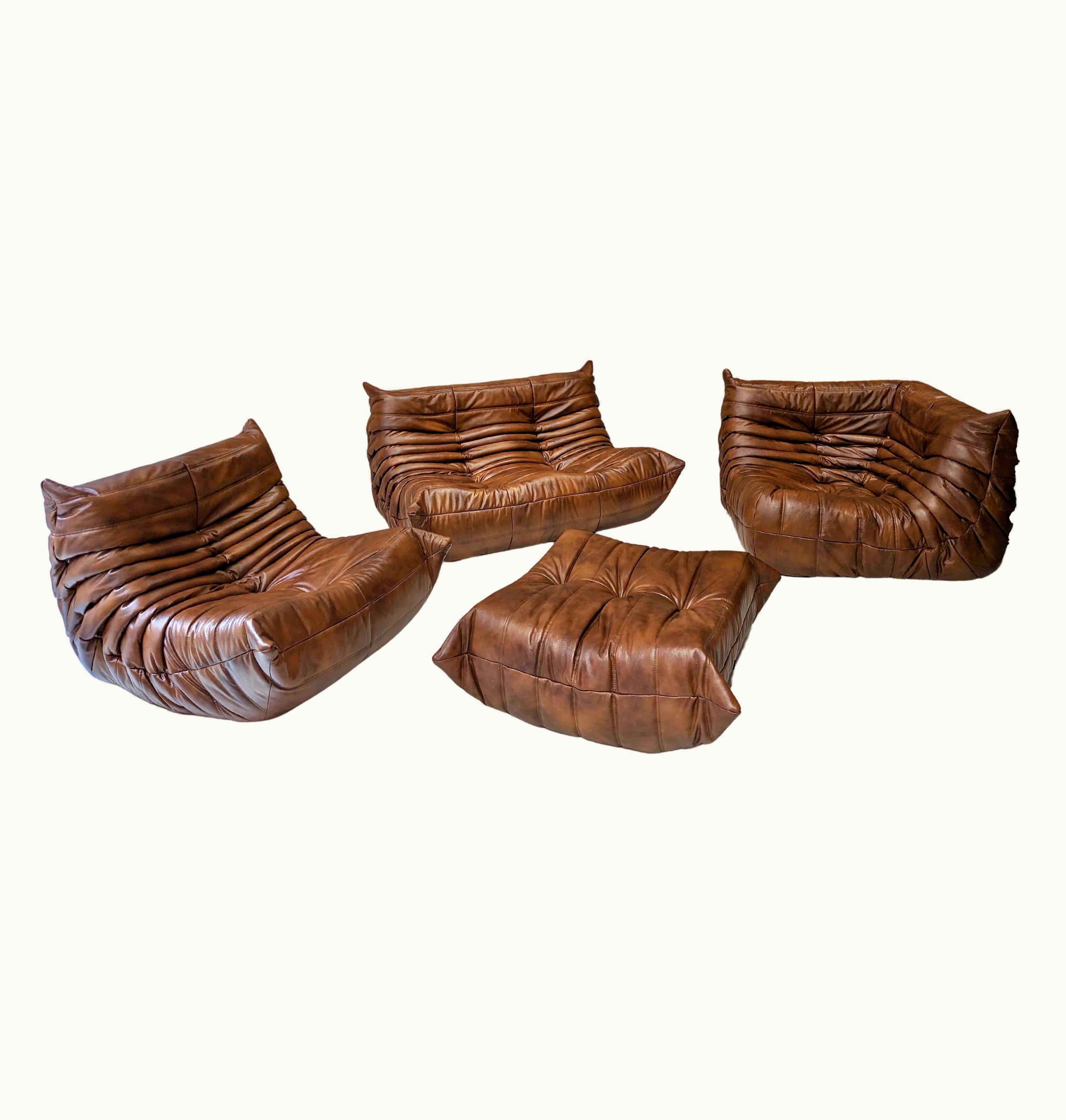 Michel Ducaroy Michel Ducaroy Togo Set In Brown Leather By Michel Ducaroy For Ligne Roset