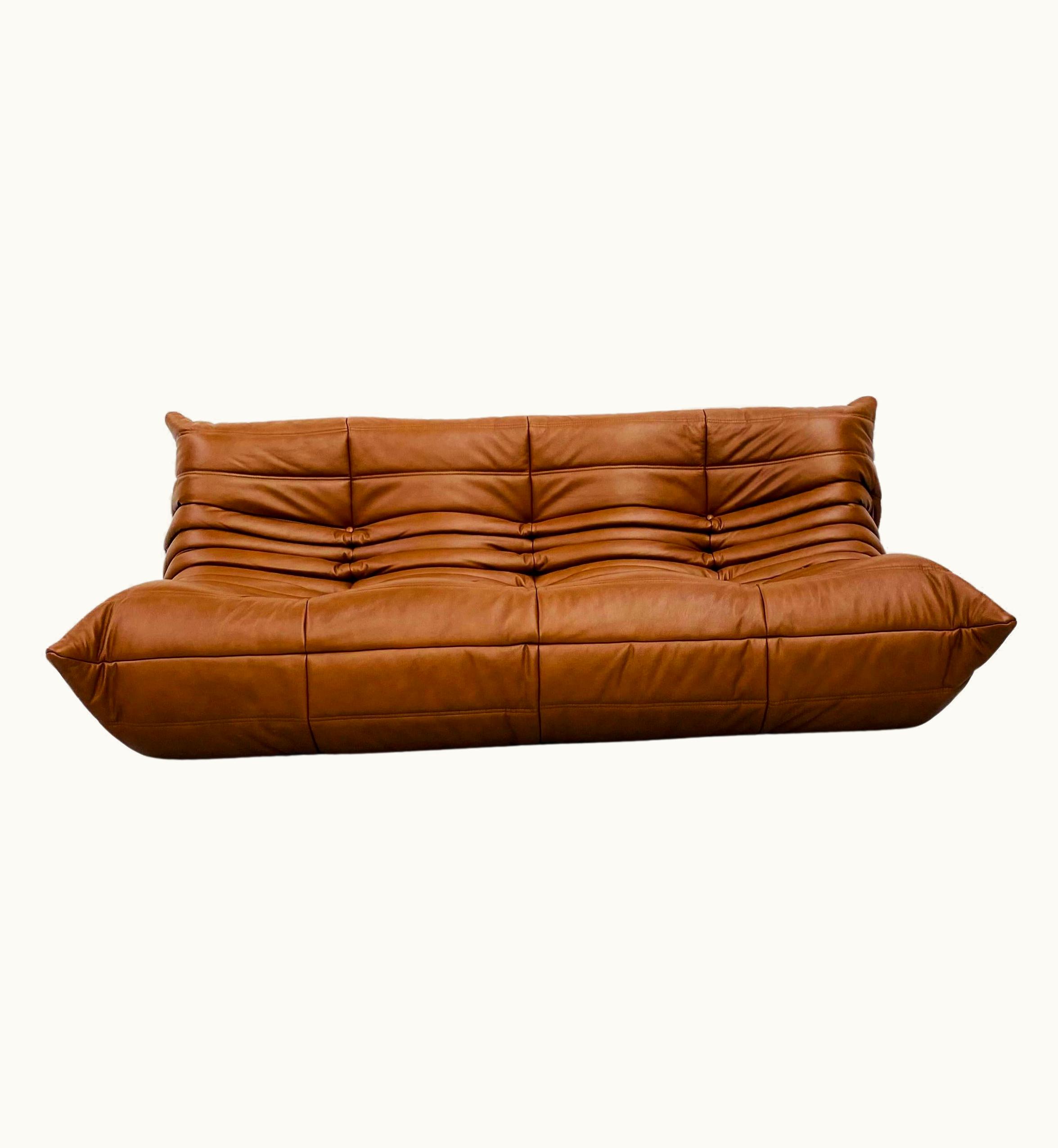 Michel Ducaroy Michel Ducaroy French Togo Sofa In Dark Cognac Leather By Michel Ducaroy For Ligne Roset, 1974