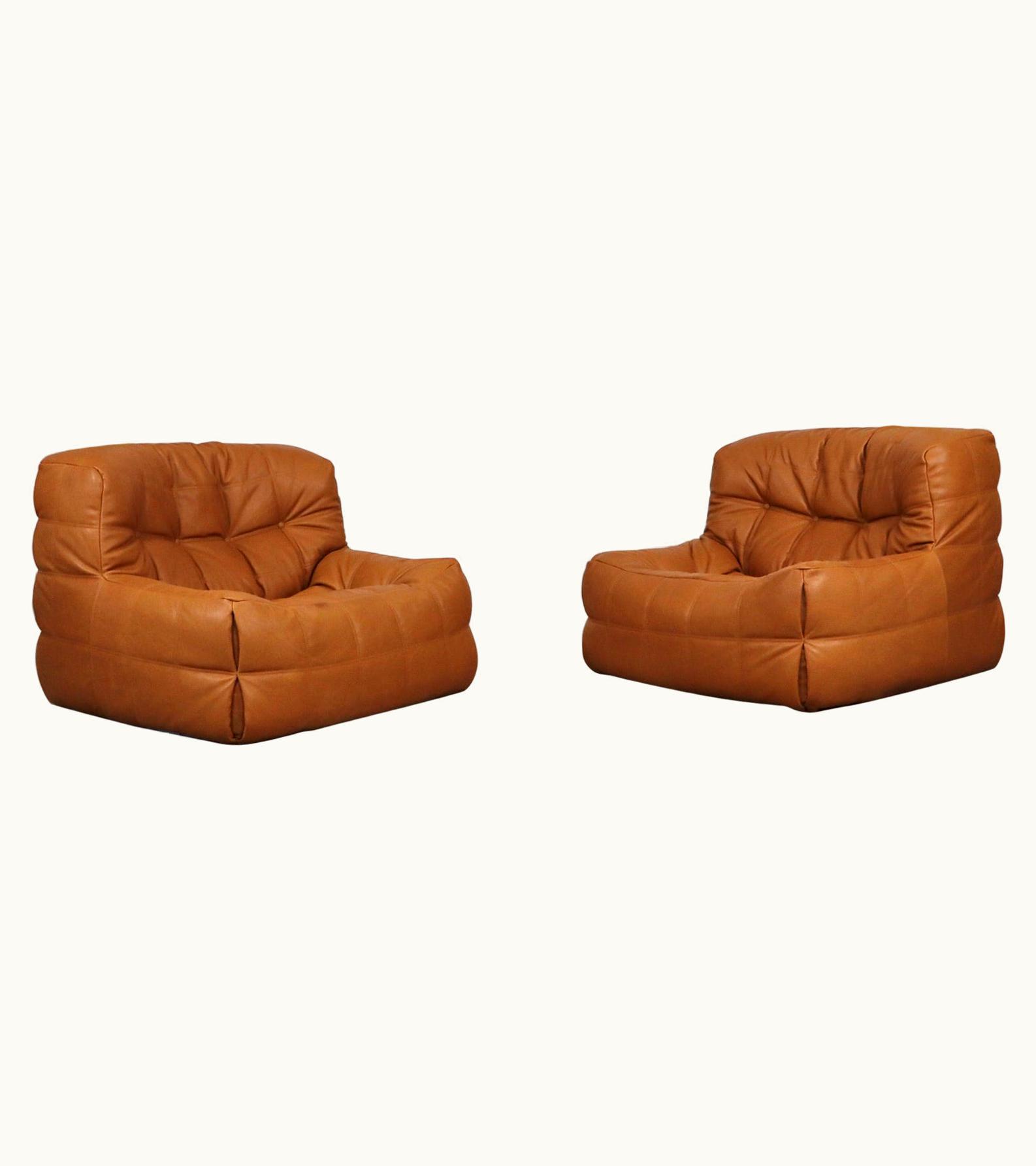 Michel Ducaroy Michel Ducaroy Pair Of Ligne Roset Kashima Lounge Chairs In Cognac Leather By Michel Ducaroy