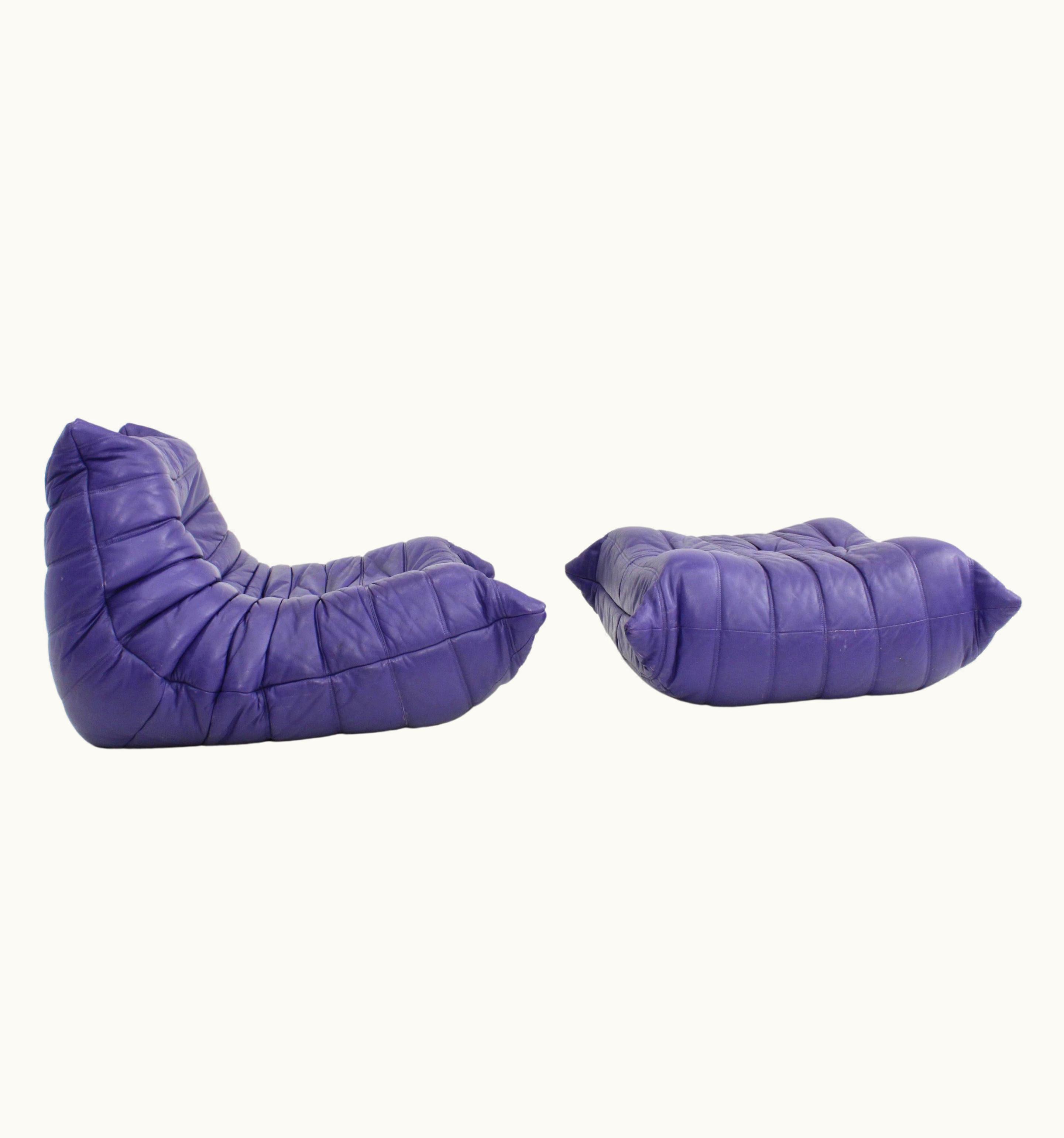 Michel Ducaroy Michel Ducaroy Original Togo Ligne Roset Purple Leather Armchair With Ottoman, 1990s