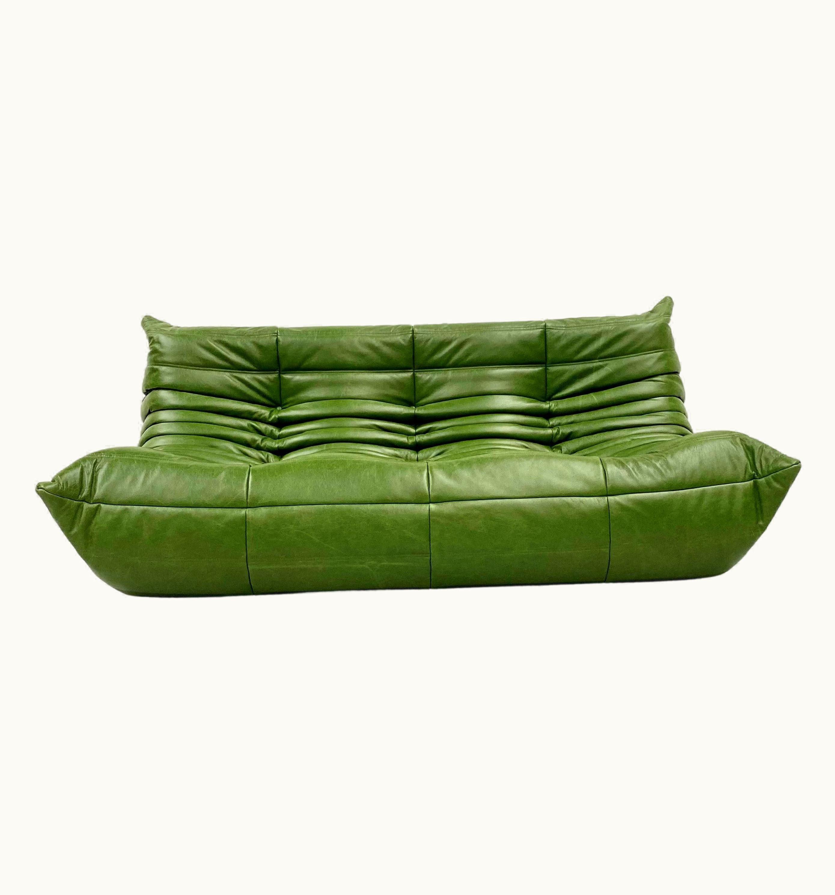 Michel Ducaroy Michel Ducaroy Vintage French Togo Sofa In Green Leather By M.Ducaroy For Ligne Roset, 1970s