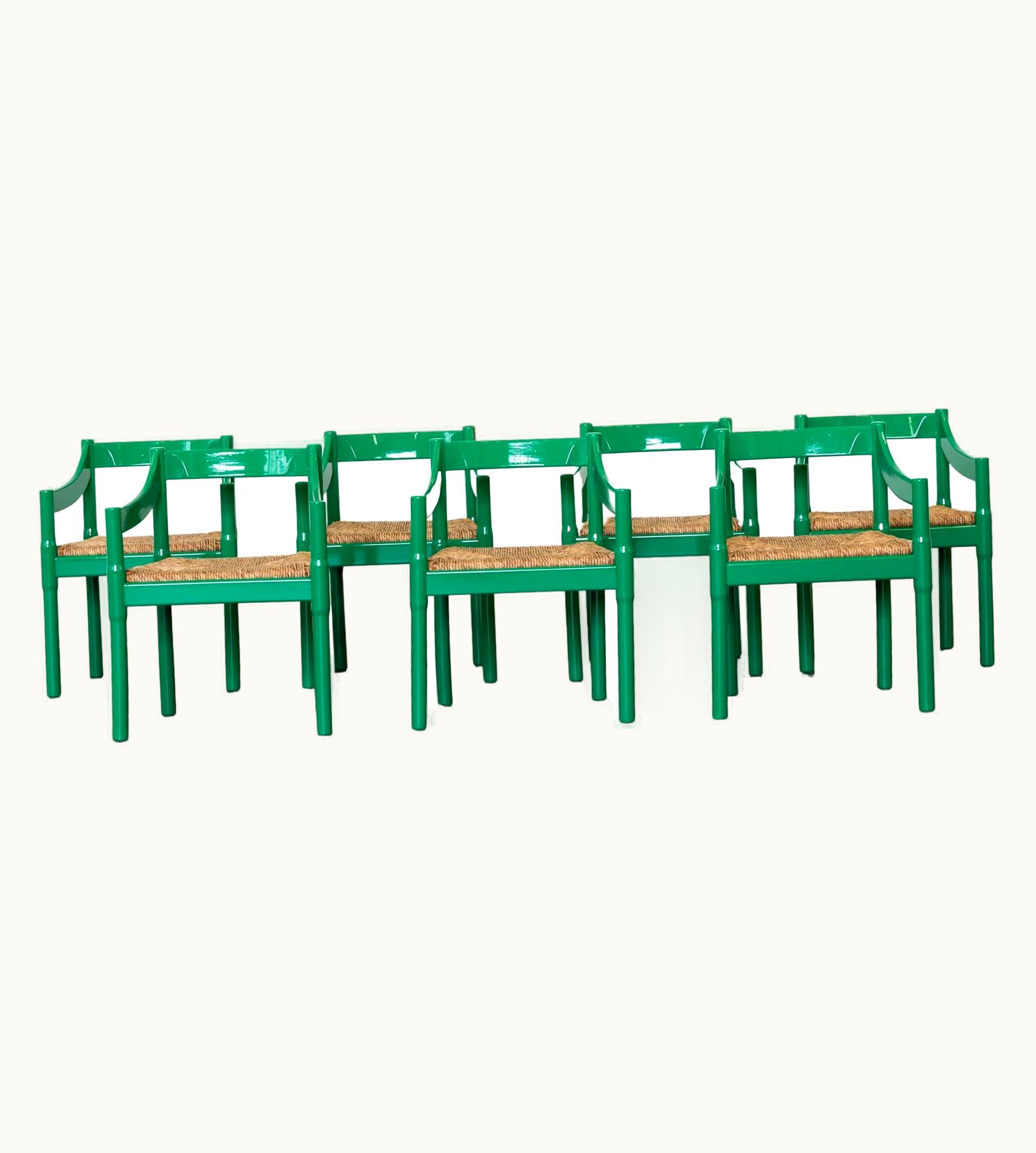 VIco Magistretti VIco Magistretti Nine Green Laquered Wood Carimate Chairs By VIco Magistretti
