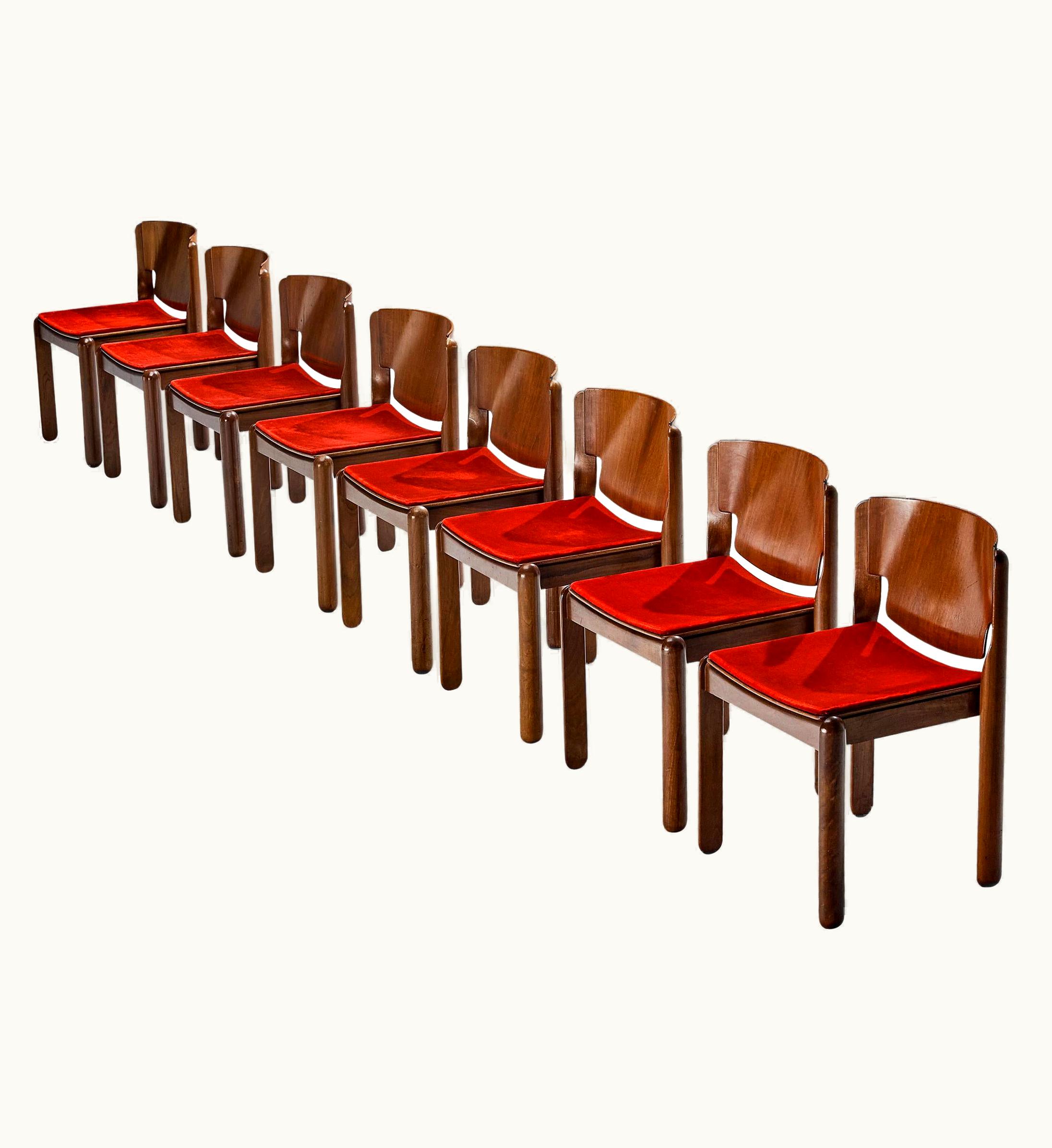 VIco Magistretti VIco Magistretti For Cassina Set Of Eight Chairs In Red Velvet And Walnut