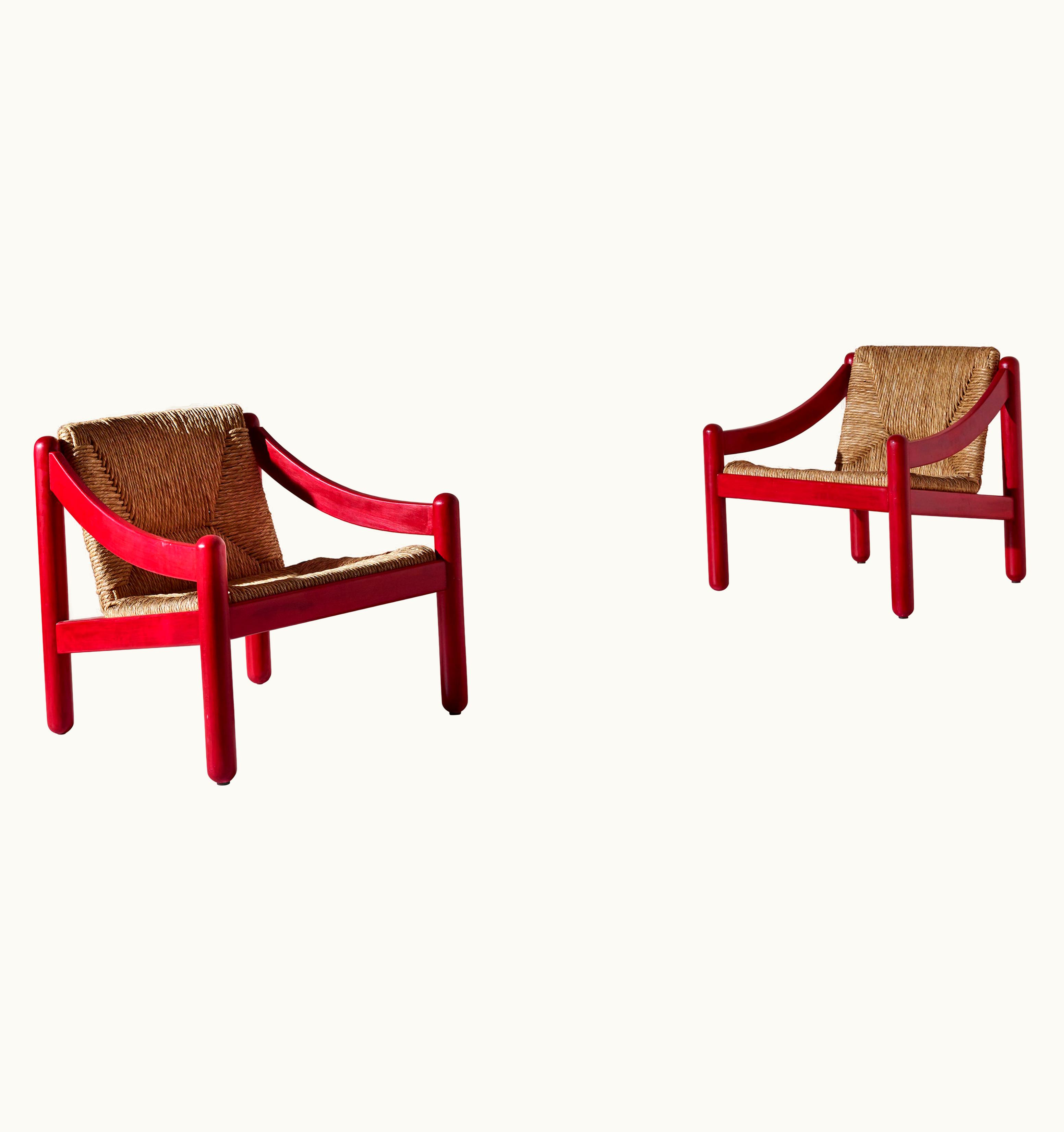 VIco Magistretti VIco Magistretti For Cassina Pair Of Rush & Beech Carimate Armchairs Italy, 1963