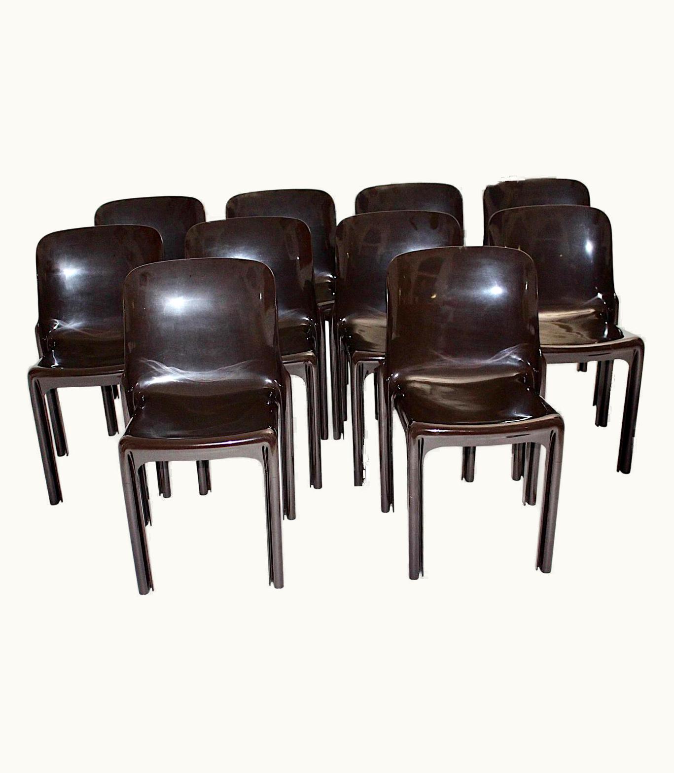 VIco Magistretti VIco Magistretti Space Age Set Of Ten Vintage Brown Plastic Dining Chairs VIco Magistretti, Italy