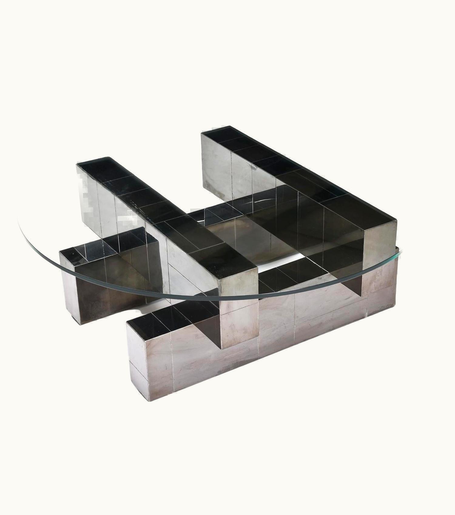 Paul Evans Paul Evans Geometric Chromed Steel Cityscape Coffee Table With Round Glass By Paul Evans